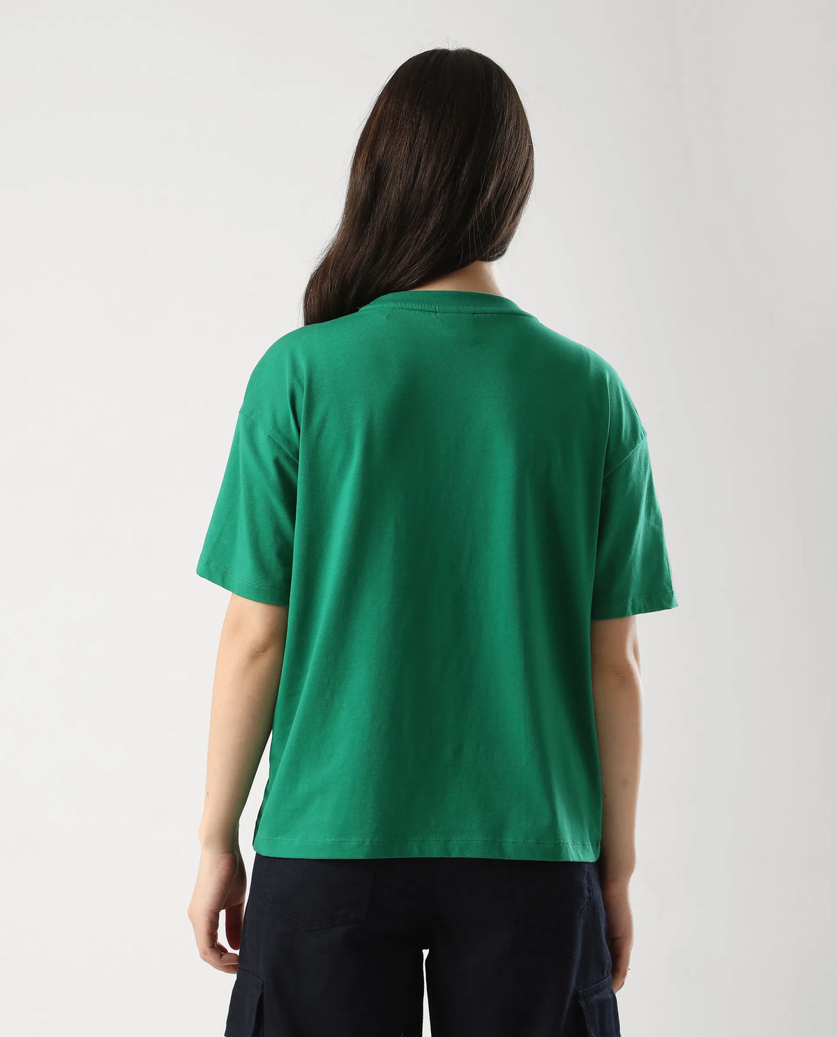 Rareism Women's Bharmo Green Cotton Crew Neck Typography Print Boxy Fit T-Shirt