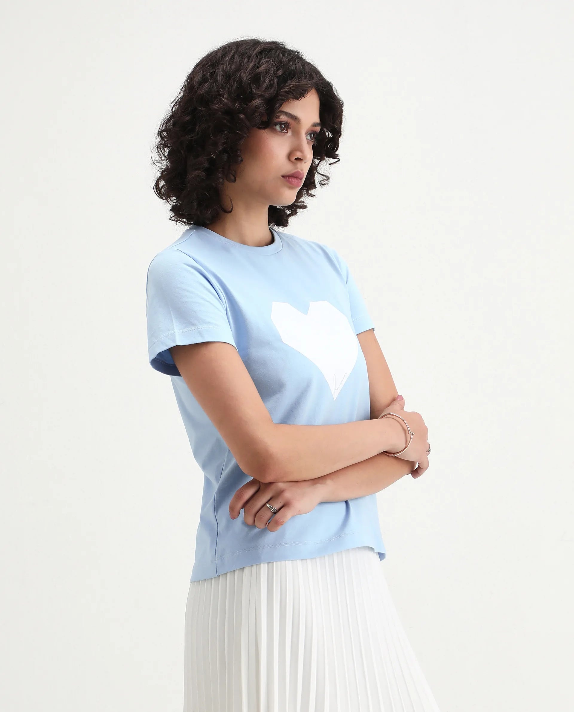 Rareism Women's Bhax Light Blue Cotton Crew Neck Typography Print Regular Fit T-Shirt