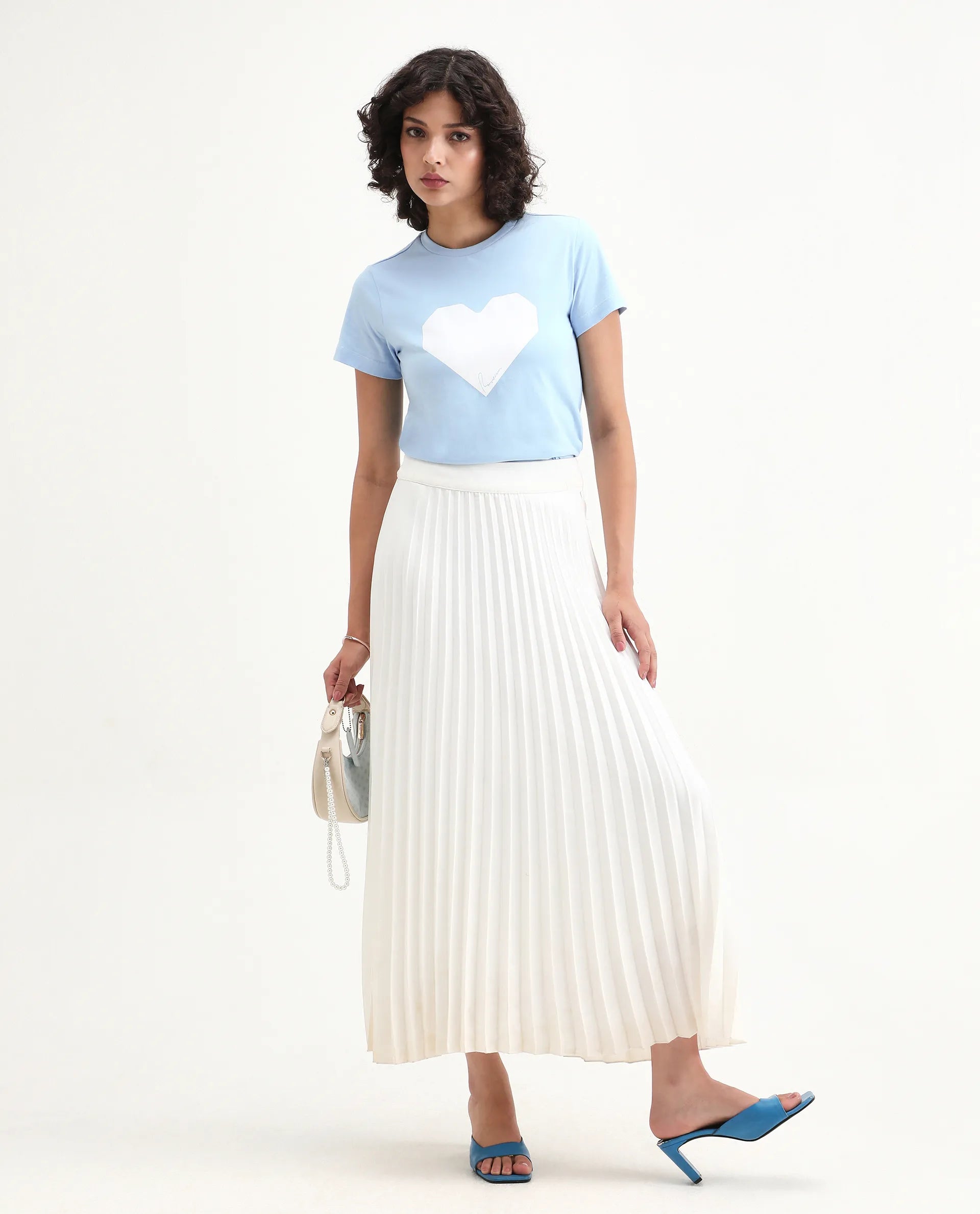 Rareism Women's Bhax Light Blue Cotton Crew Neck Typography Print Regular Fit T-Shirt