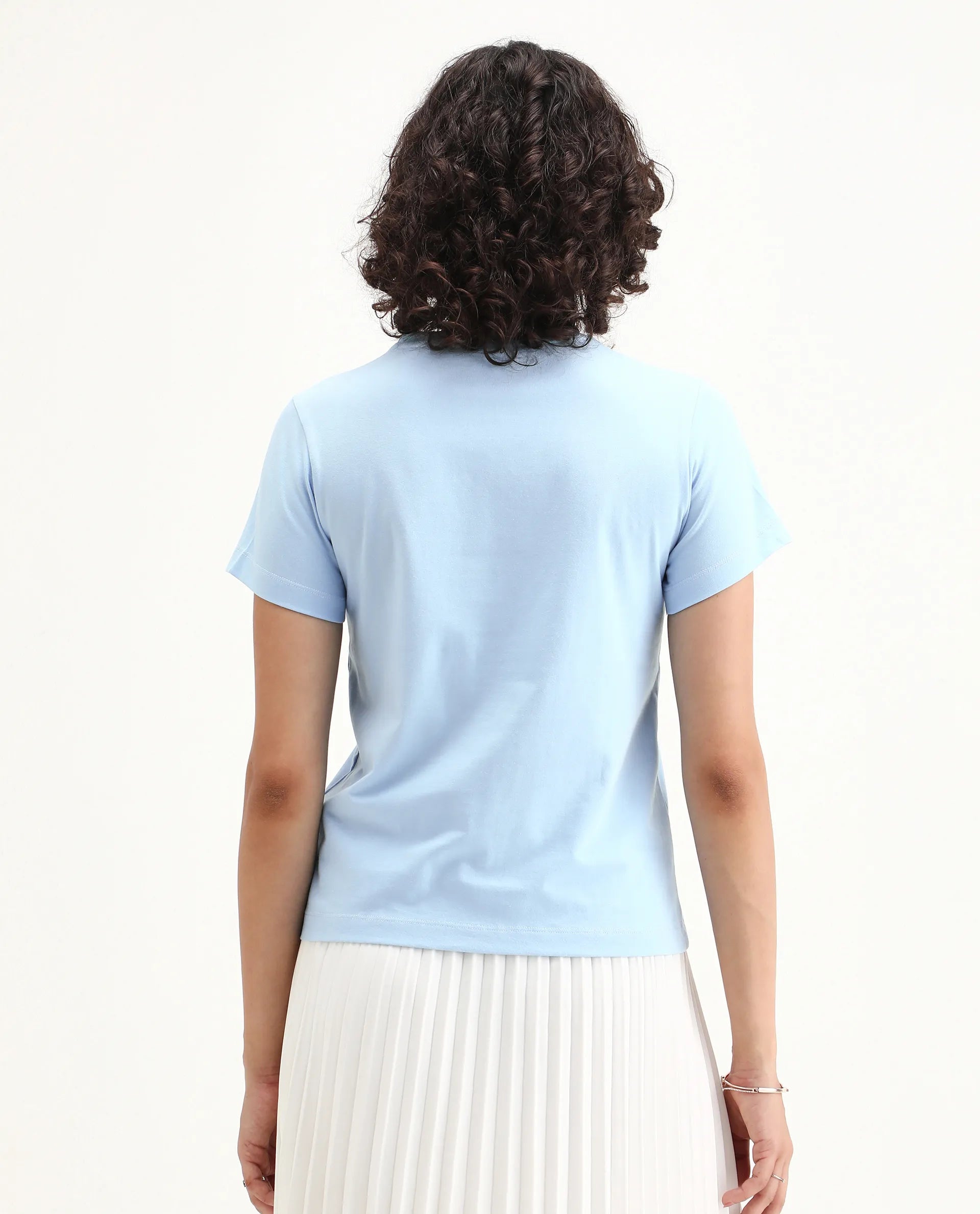 Rareism Women's Bhax Light Blue Cotton Crew Neck Typography Print Regular Fit T-Shirt