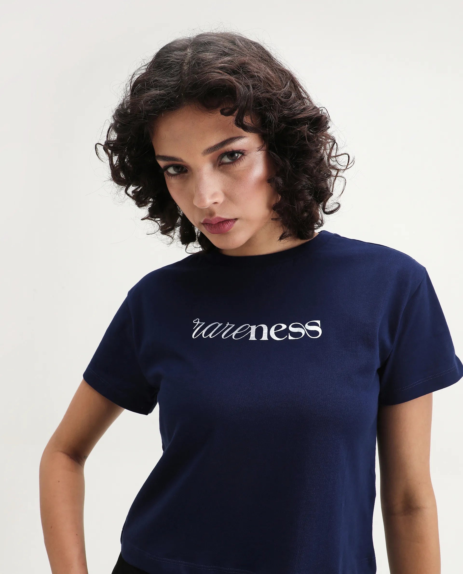 Rareism Women's Bhaze Navy Cotton Crew Neck Typography Print Crop Regular Fit T-Shirt