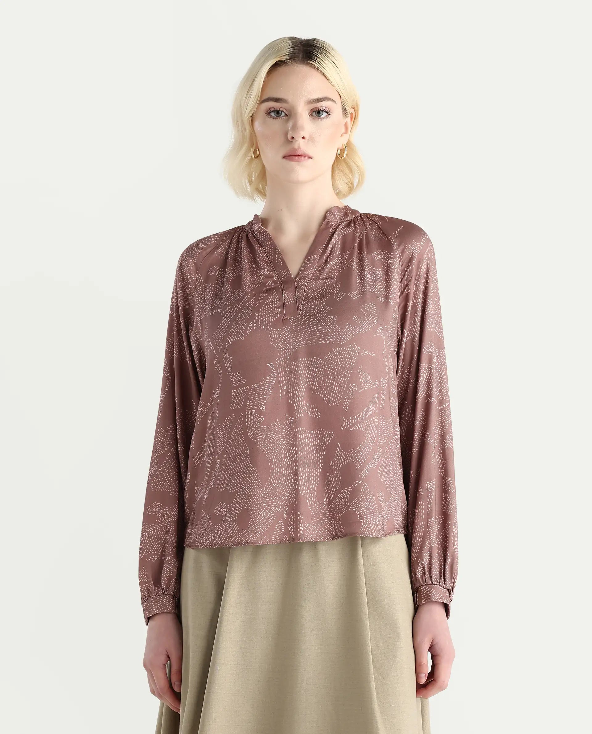 Rareism Women's Binzo Light Brown Viscose Raglan Sleeves Mandarin Collar Regular Fit Top