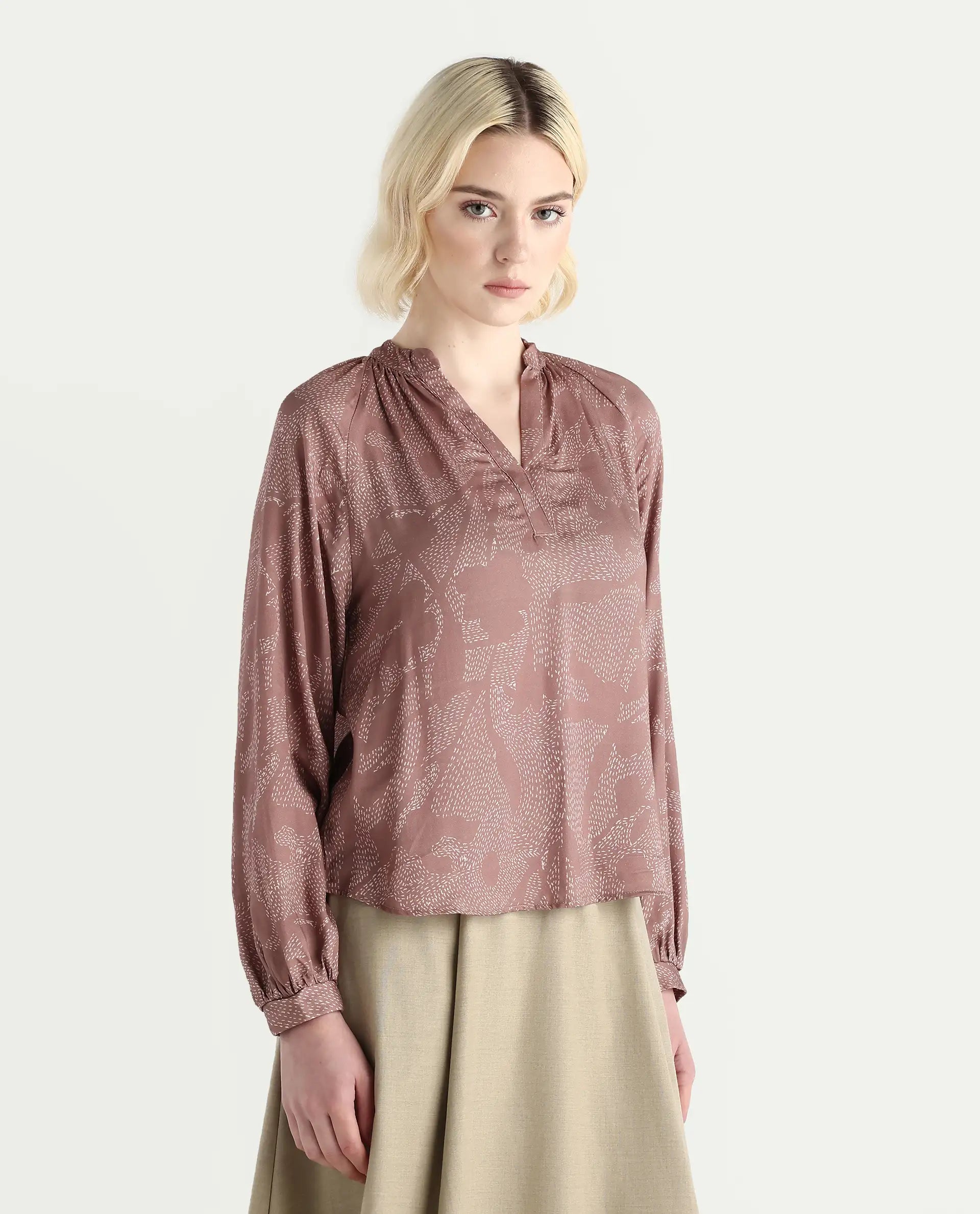 Rareism Women's Binzo Light Brown Viscose Raglan Sleeves Mandarin Collar Regular Fit Top