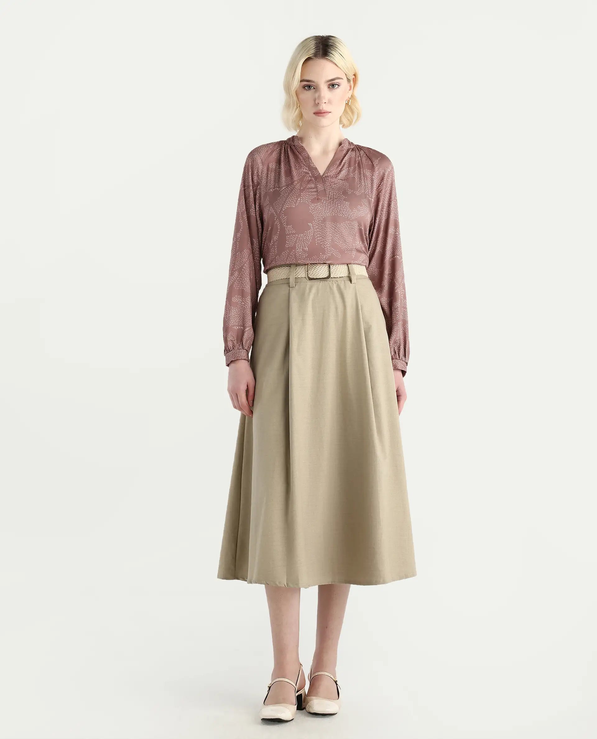Rareism Women's Binzo Light Brown Viscose Raglan Sleeves Mandarin Collar Regular Fit Top