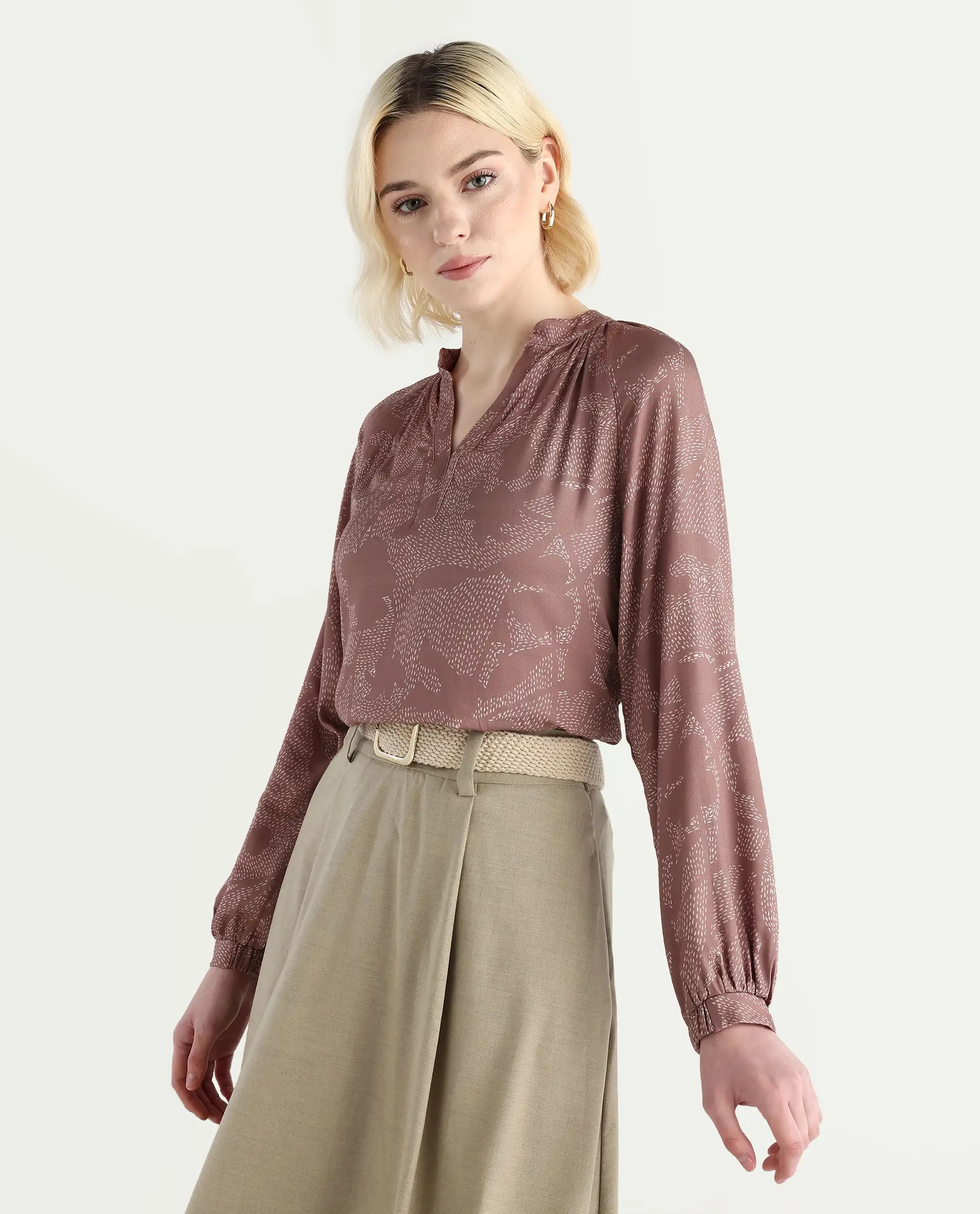 Rareism Women's Binzo Light Brown Viscose Raglan Sleeves Mandarin Collar Regular Fit Top