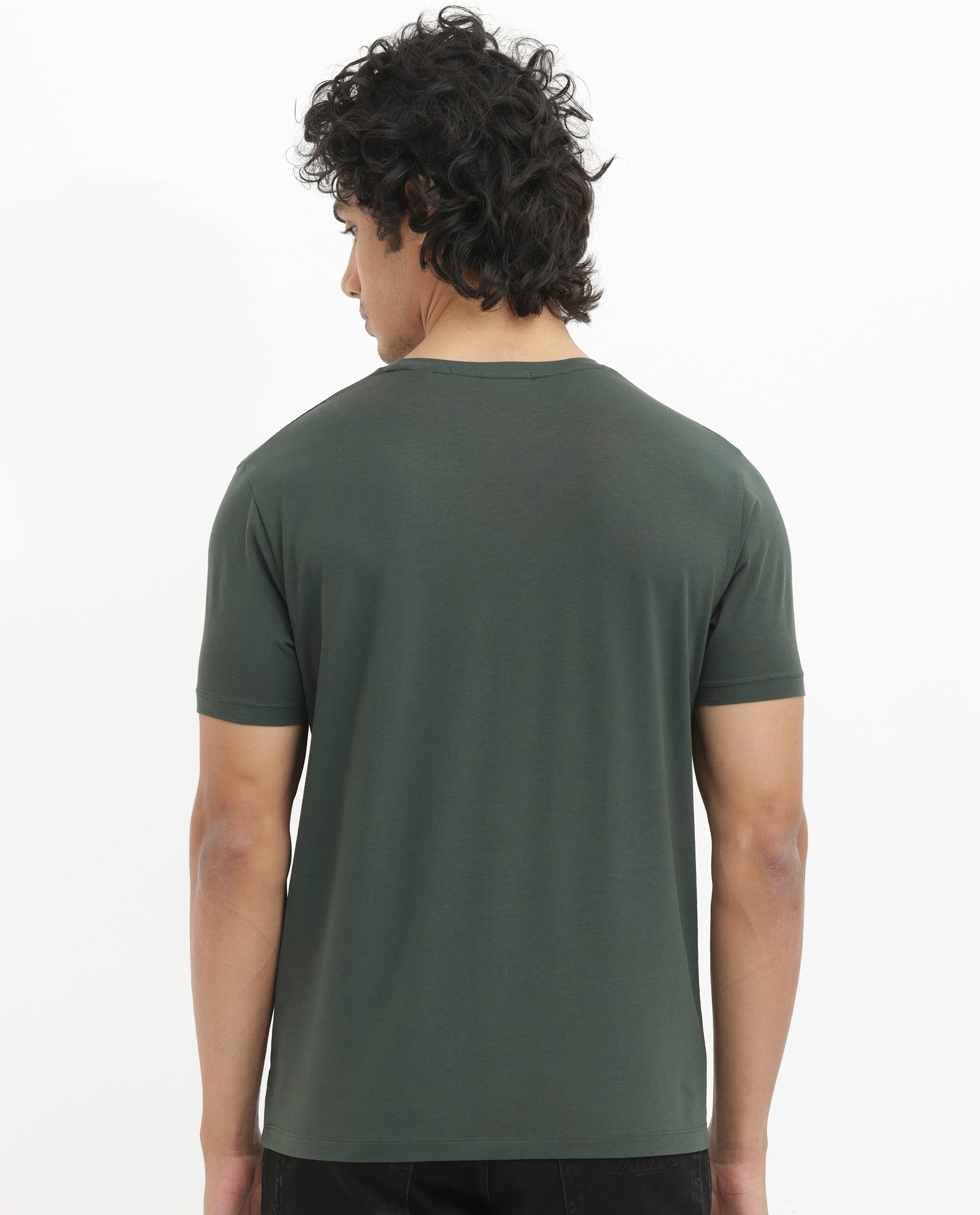 Rare Rabbit Men's Bion Olive Cotton Lycra Fabric Half Sleeves Logo Graphic Print T-Shirt