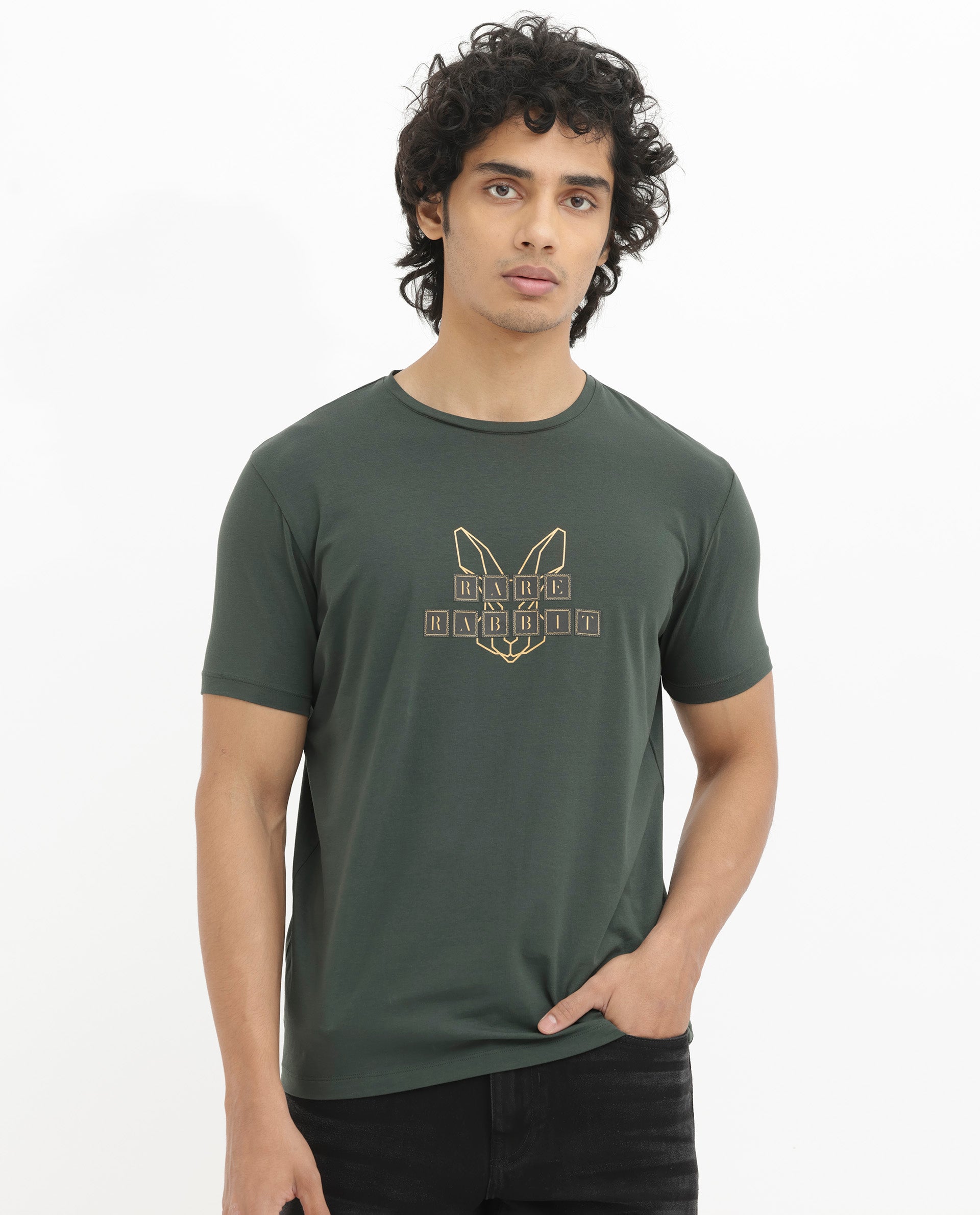 Rare Rabbit Men's Bion-1 Olive Cotton Lycra Fabric Short Sleeve Crew Neck Logo Graphic Print T-Shirt