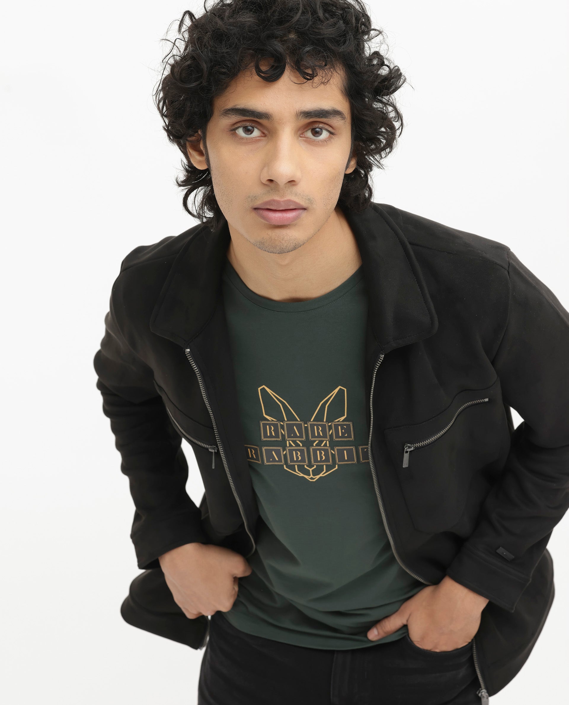 Rare Rabbit Men's Bion Olive Cotton Lycra Fabric Half Sleeves Logo Graphic Print T-Shirt