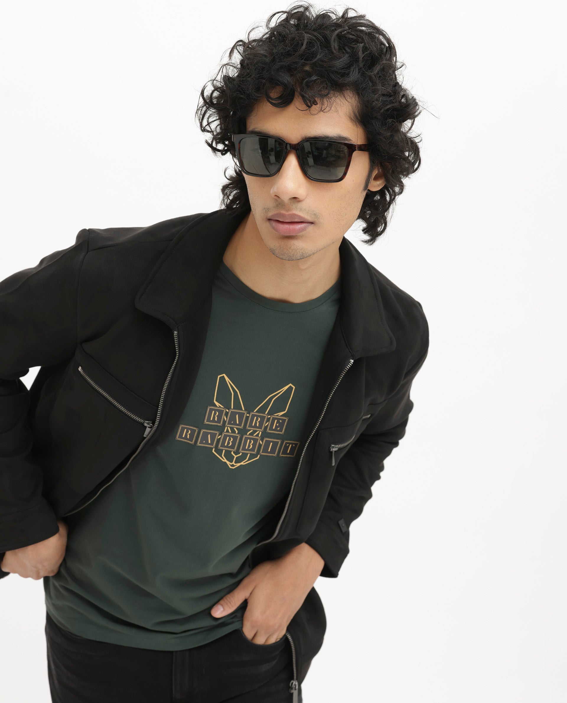 Rare Rabbit Men's Bion Olive Cotton Lycra Fabric Half Sleeves Logo Graphic Print T-Shirt