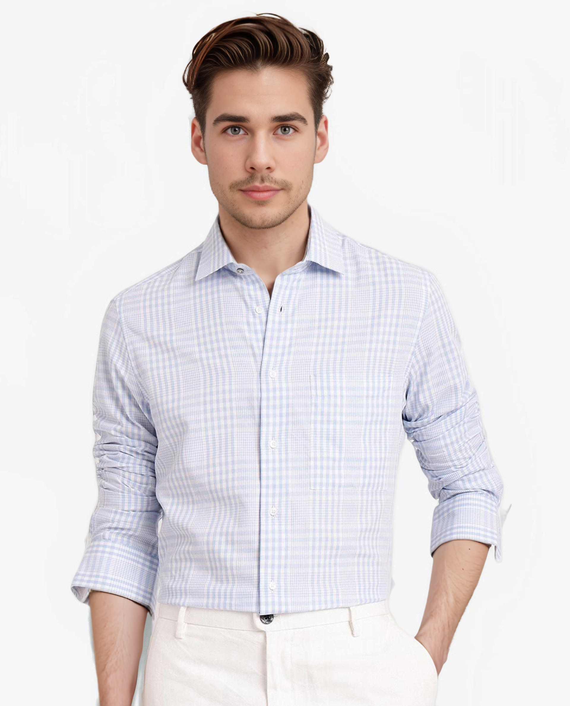 Rare Rabbit Men's Bisk Light Blue Cotton Fabric Full Sleeve Regular Fit Checks Twill Shirt