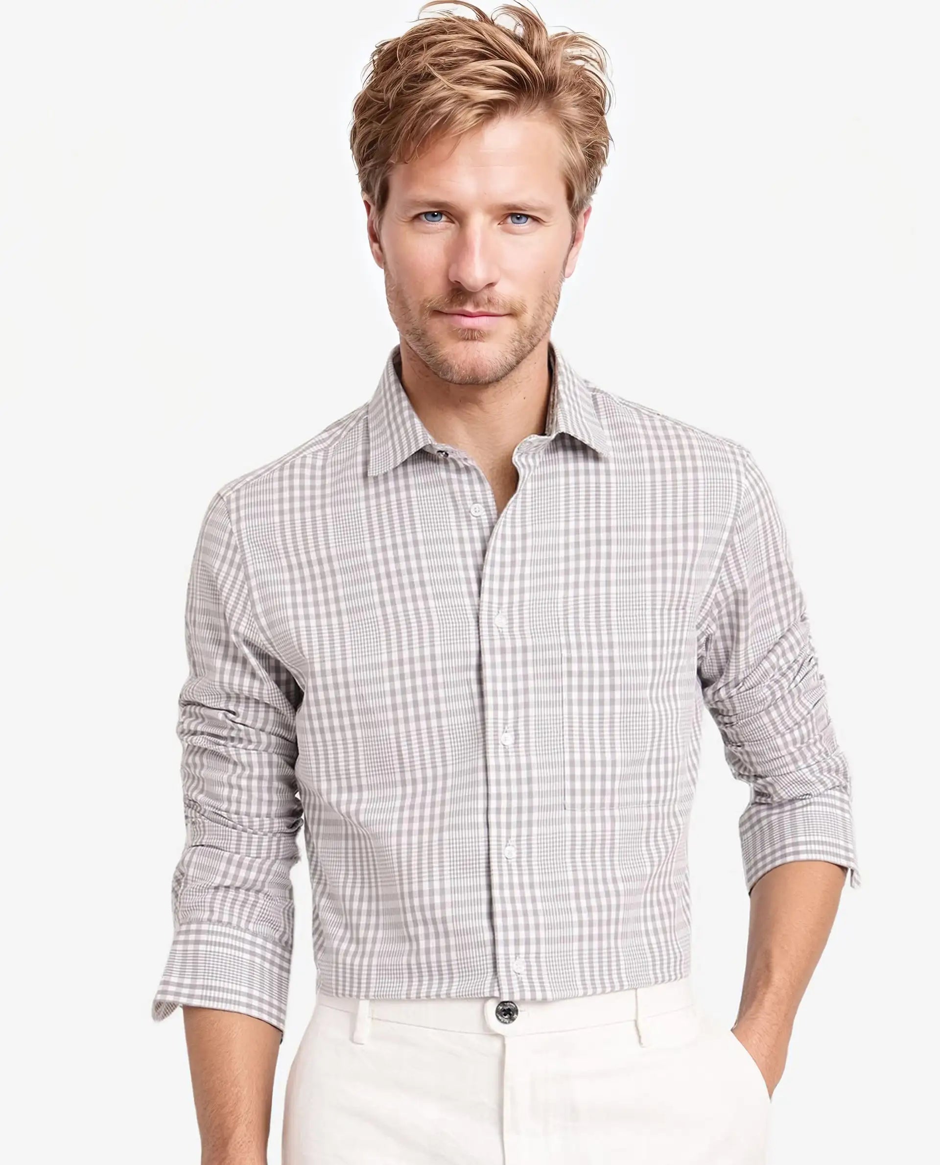 Rare Rabbit Men's Bisk Grey Cotton Fabric Full Sleeve Regular Fit Checks Twill Shirt