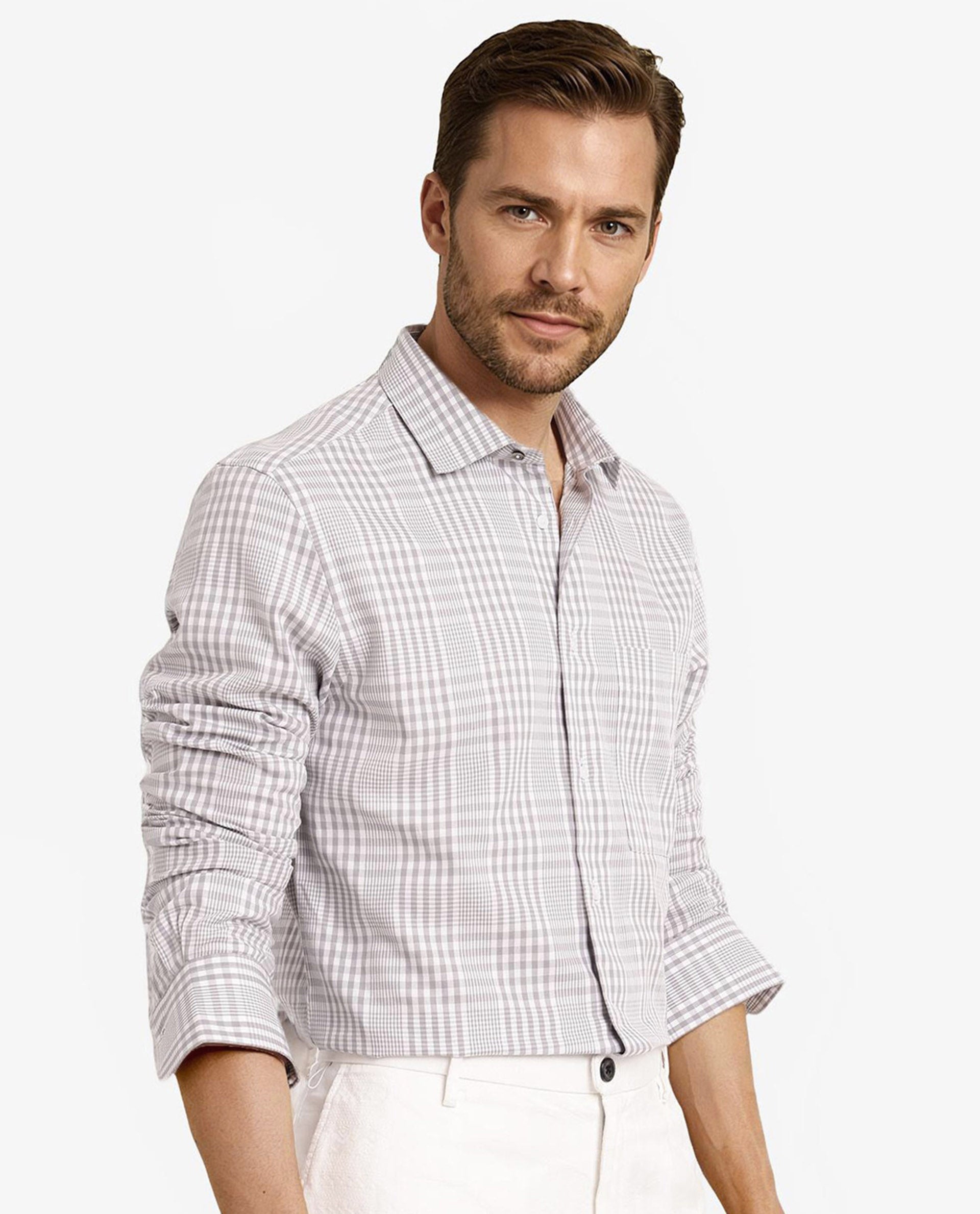 Rare Rabbit Men's Bisk Grey Cotton Fabric Full Sleeve Regular Fit Checks Twill Shirt