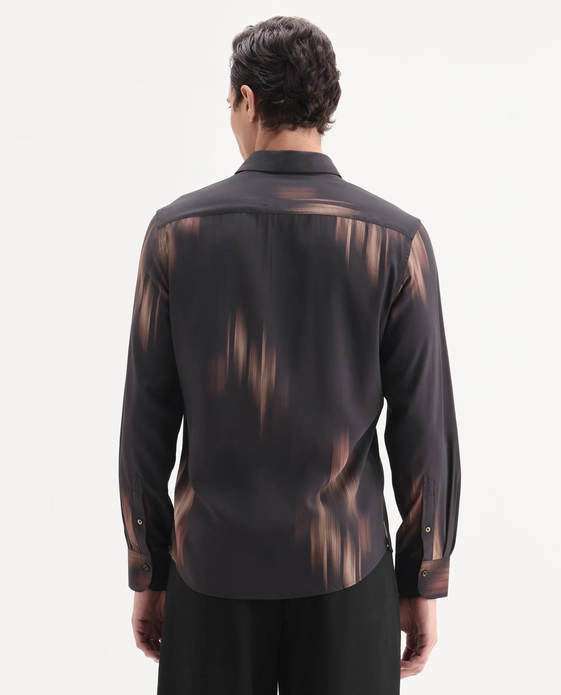 Rare Rabbit Men's Blade Black Viscose Fabric Full Sleeve Collared Neck Abstract Print Shirt