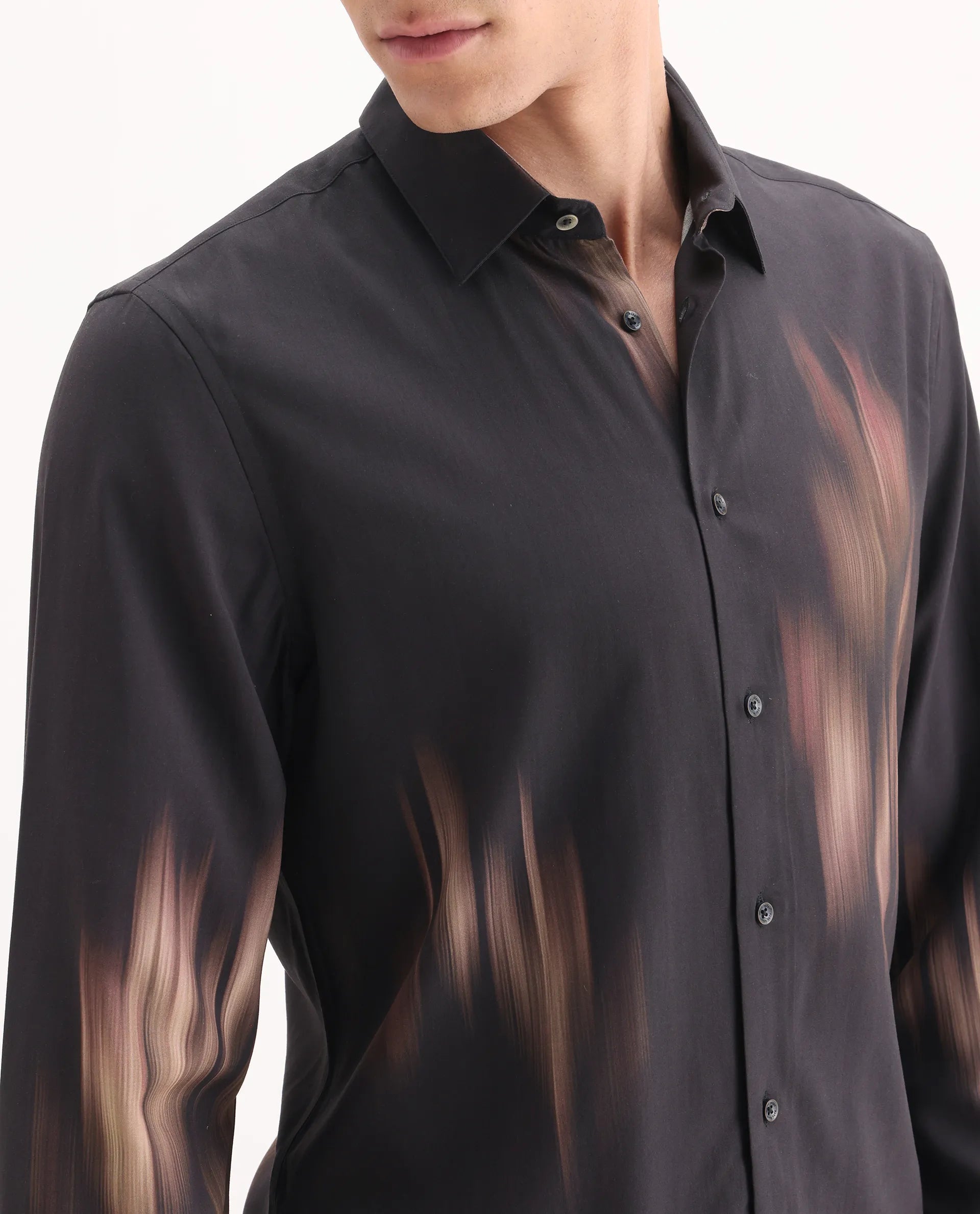 Rare Rabbit Men's Blade Black Viscose Fabric Full Sleeve Collared Neck Abstract Print Shirt