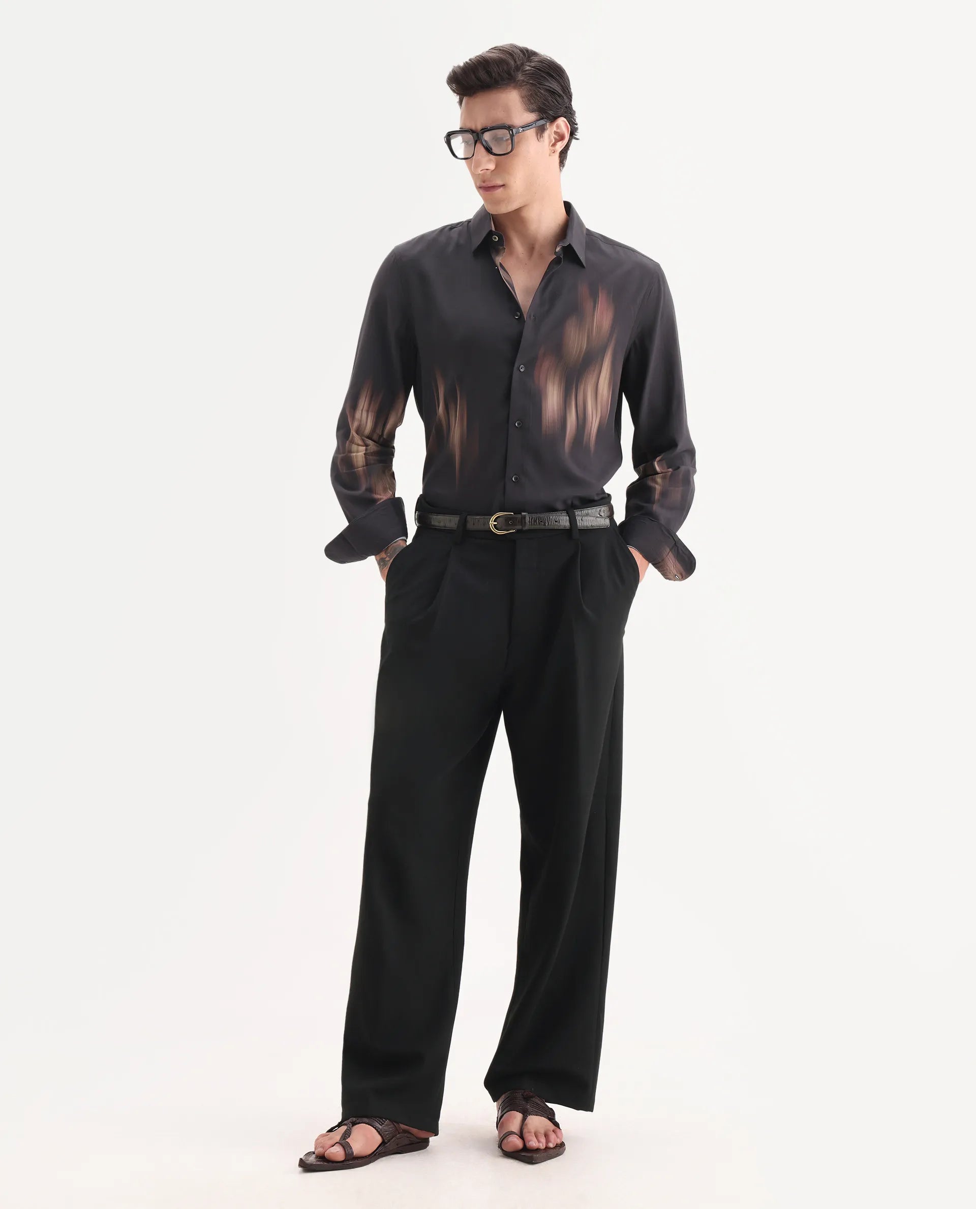 Rare Rabbit Men's Blade Black Viscose Fabric Full Sleeve Collared Neck Abstract Print Shirt