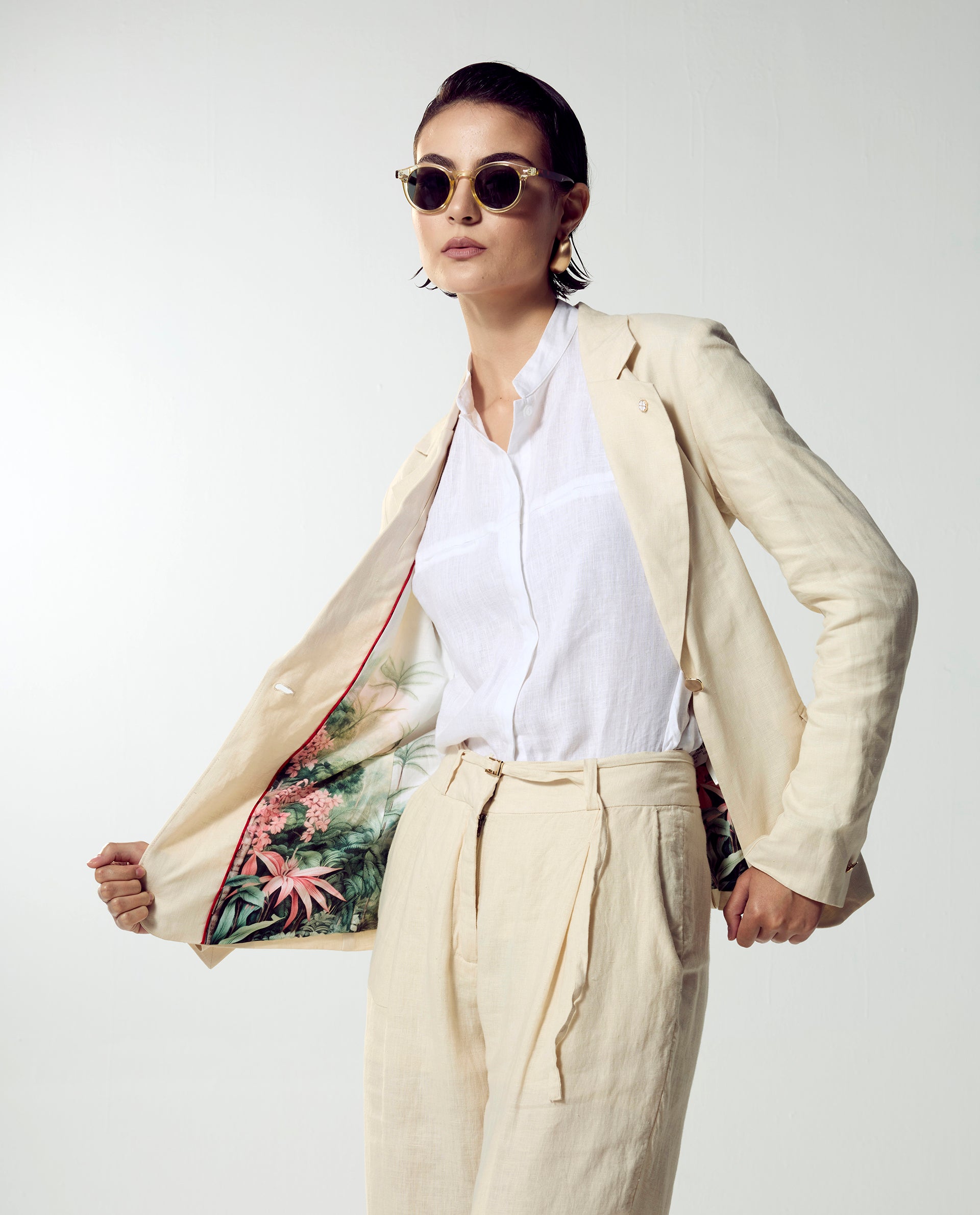 Rareism Women's Ronbla T Beige Linen Lapel Neck Plain Regular Fit Blazer