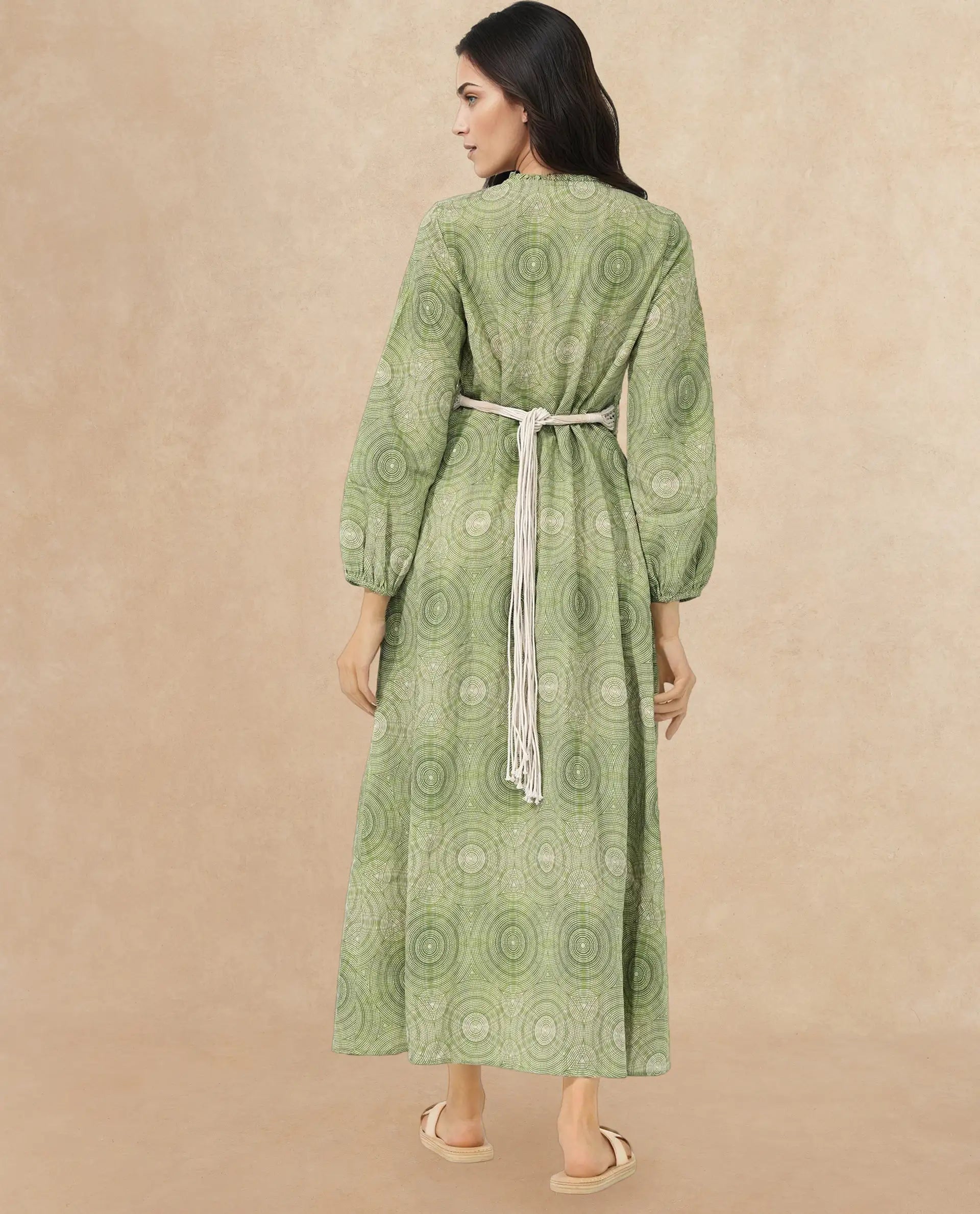 Rareism Women's Bledel Pastel Green Rayon Ruffled Neck Abstract Print Bishop Sleeve Maxi Flared Dress