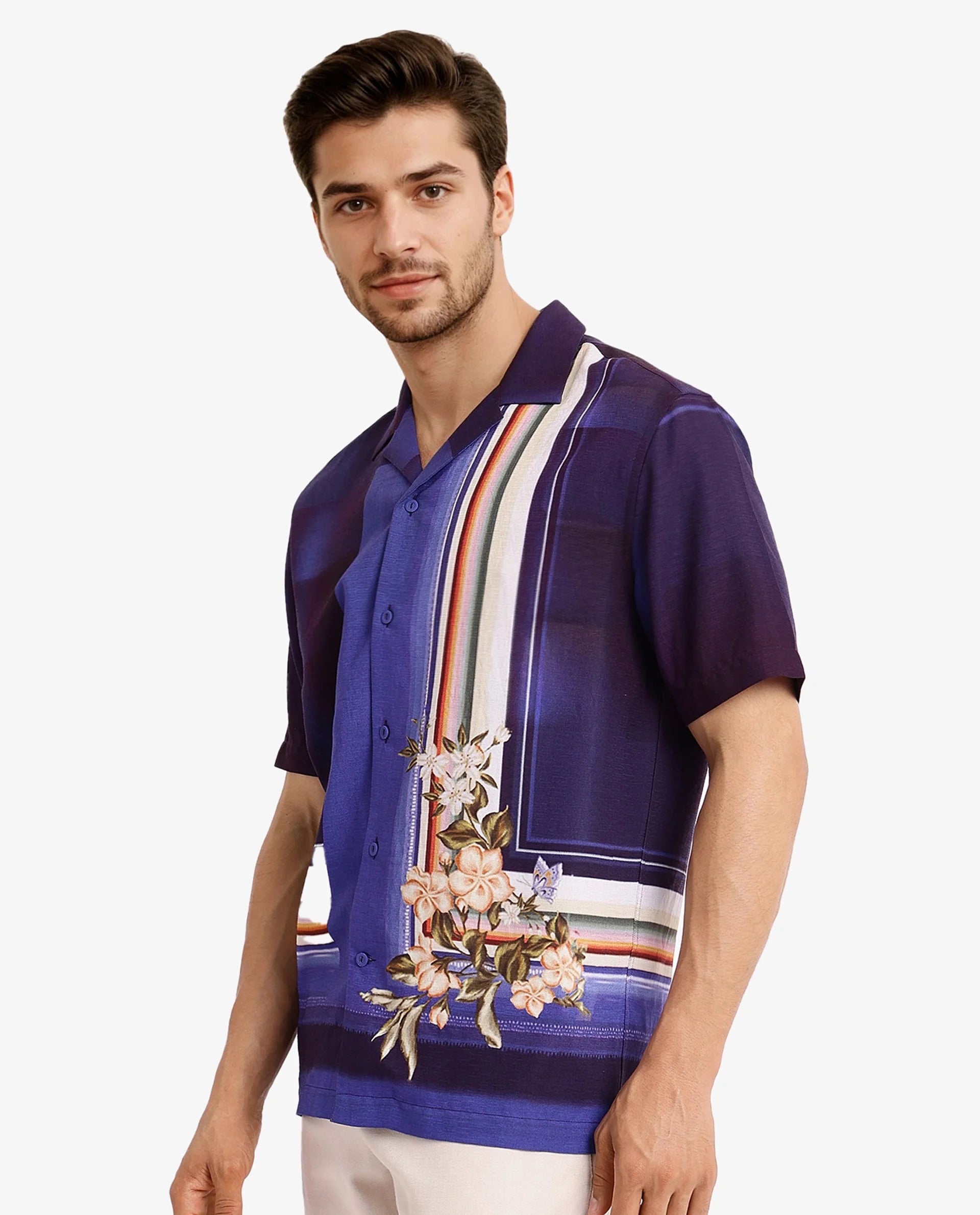 Rare Rabbit Men Blib Blue Viscose Nylon Fabric Short Sleeves Cuban Collar Boxy Fit Floral Placement Print Shirt