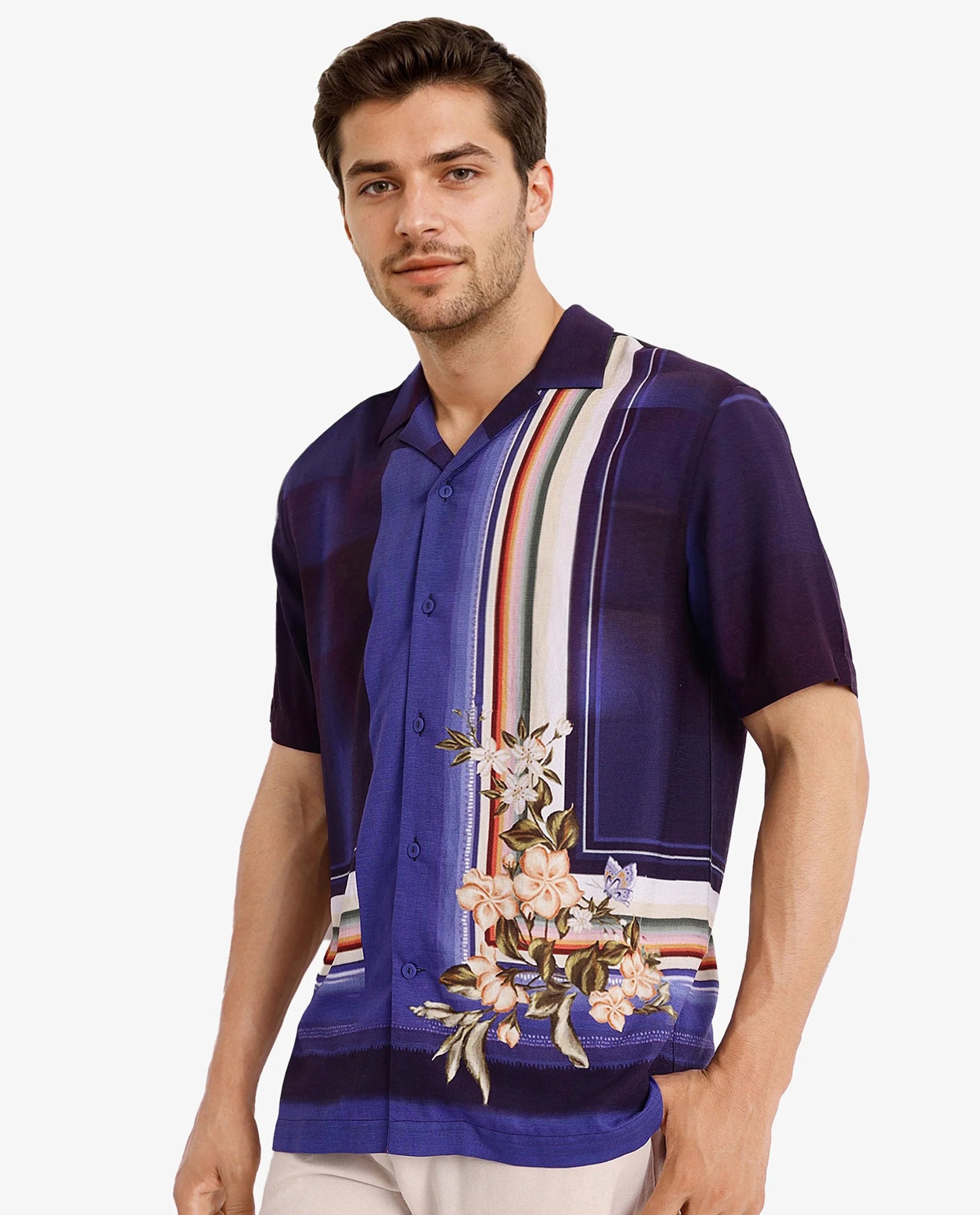 Rare Rabbit Men Blib Blue Viscose Nylon Fabric Short Sleeves Cuban Collar Boxy Fit Floral Placement Print Shirt