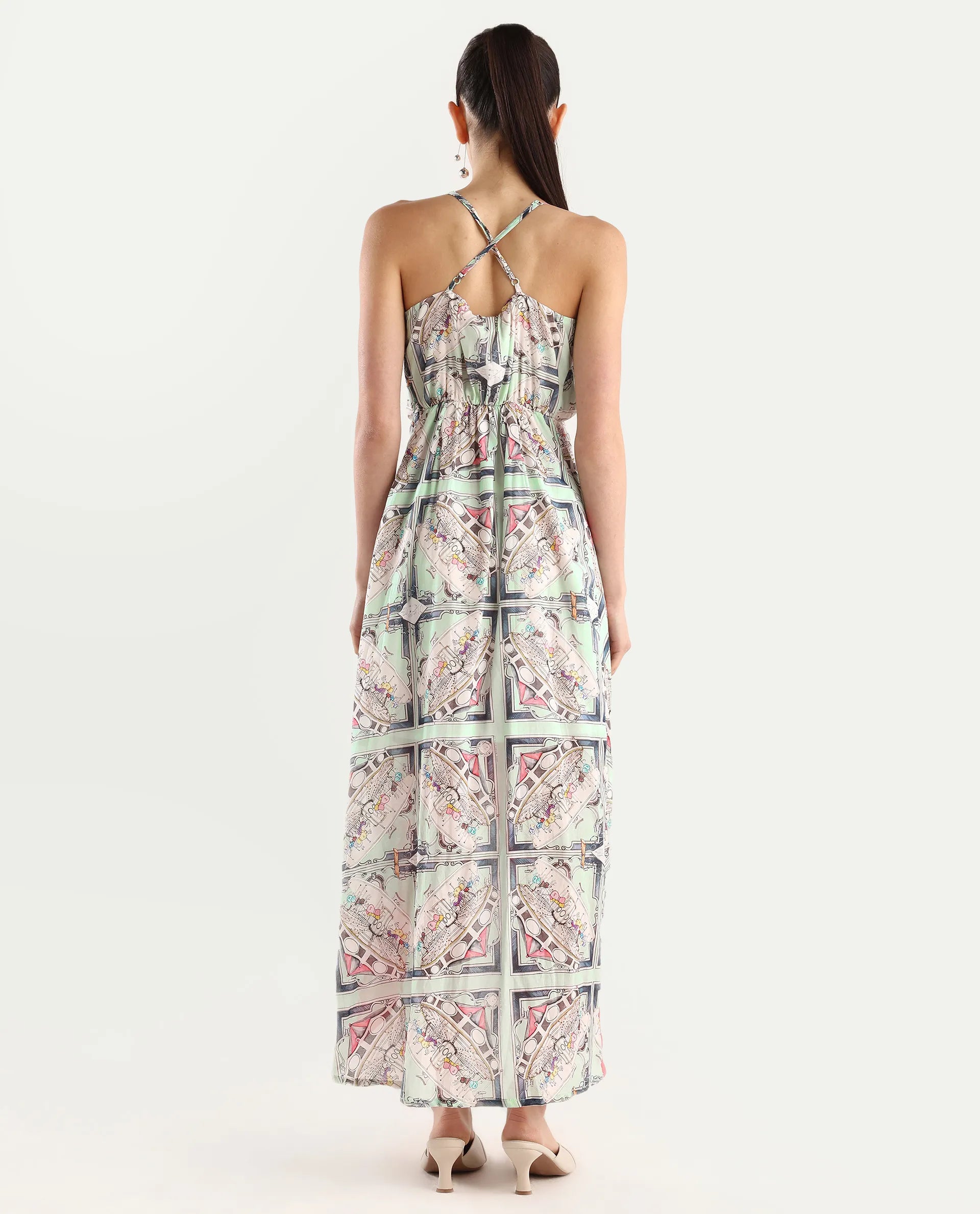 Rareism Women's Bluries Pastel Green Cotton Overlap Neck Abstract Print Shoulder Strap Maxi Fit And Flare Dress