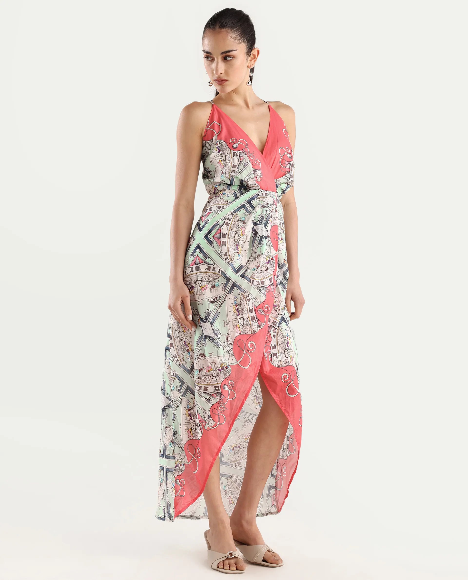 Rareism Women's Bluries Pastel Green Cotton Overlap Neck Abstract Print Shoulder Strap Maxi Fit And Flare Dress