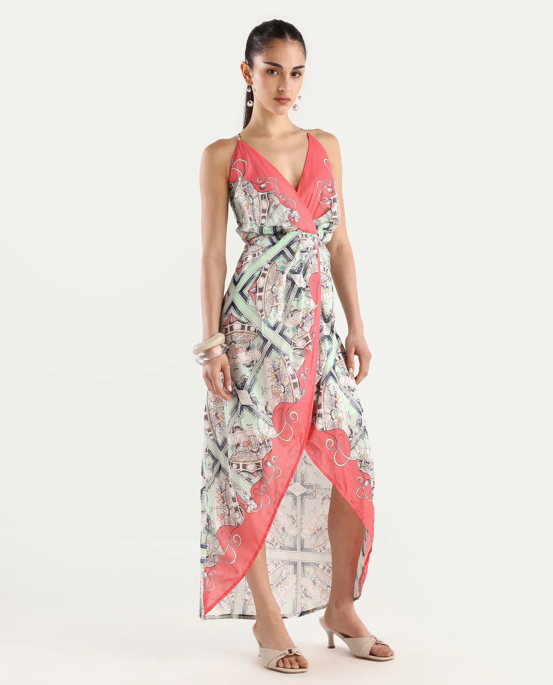 Rareism Women's Bluries Pastel Green Cotton Overlap Neck Abstract Print Shoulder Strap Maxi Fit And Flare Dress