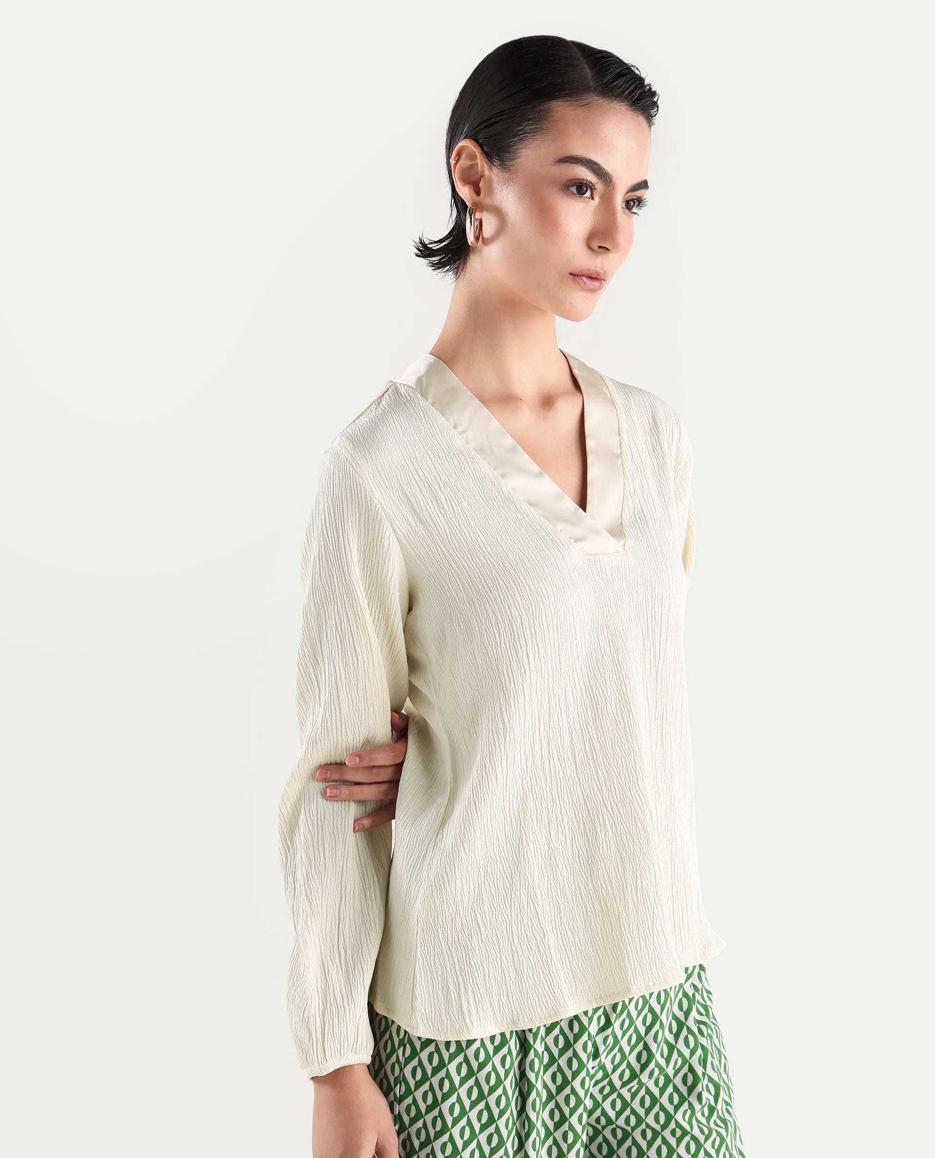 Rareism Women's Boco Beige Polyester V-Neck Plain Balloon Sleeve Regular Fit Top