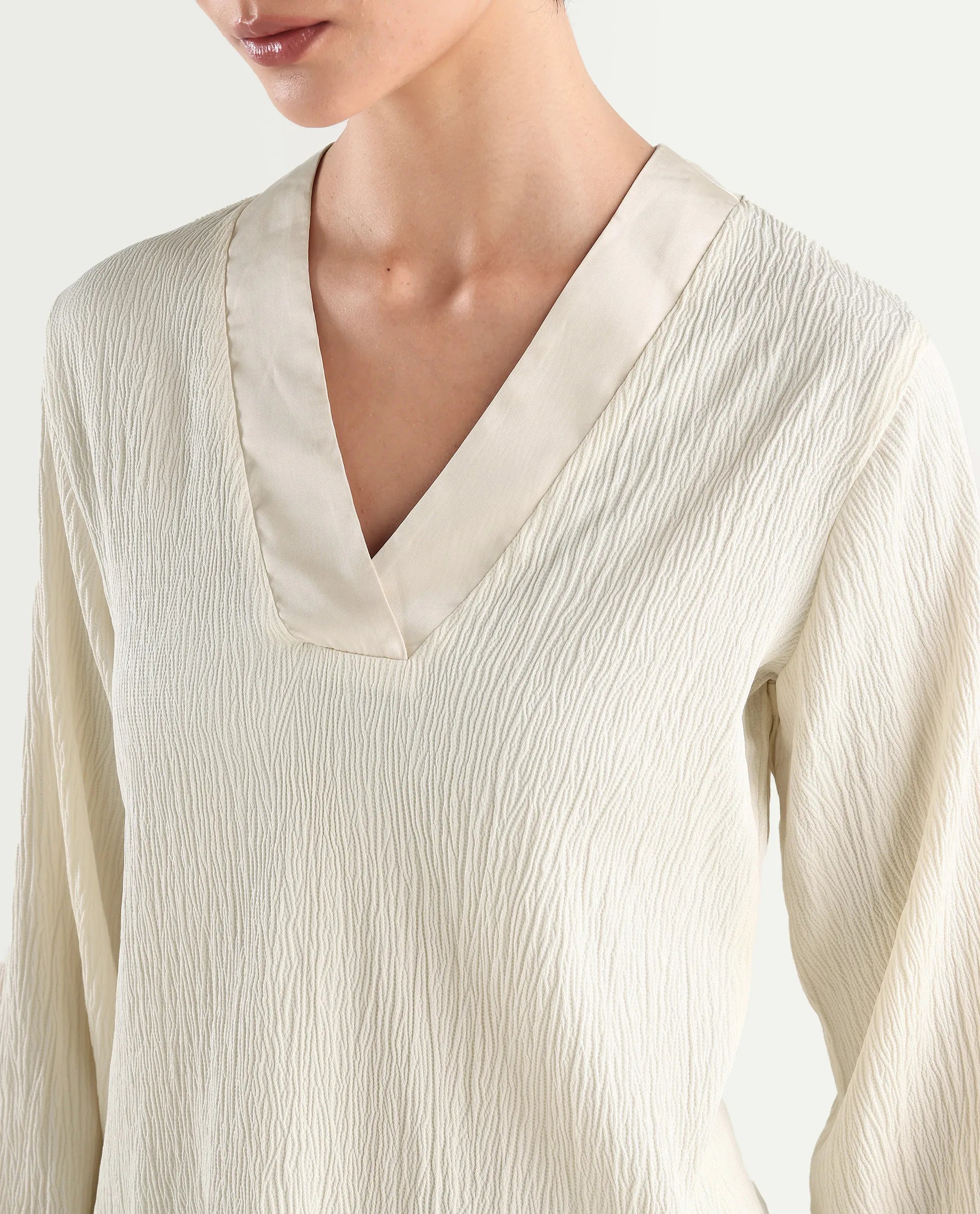 Rareism Women's Boco Beige Polyester V-Neck Plain Balloon Sleeve Regular Fit Top