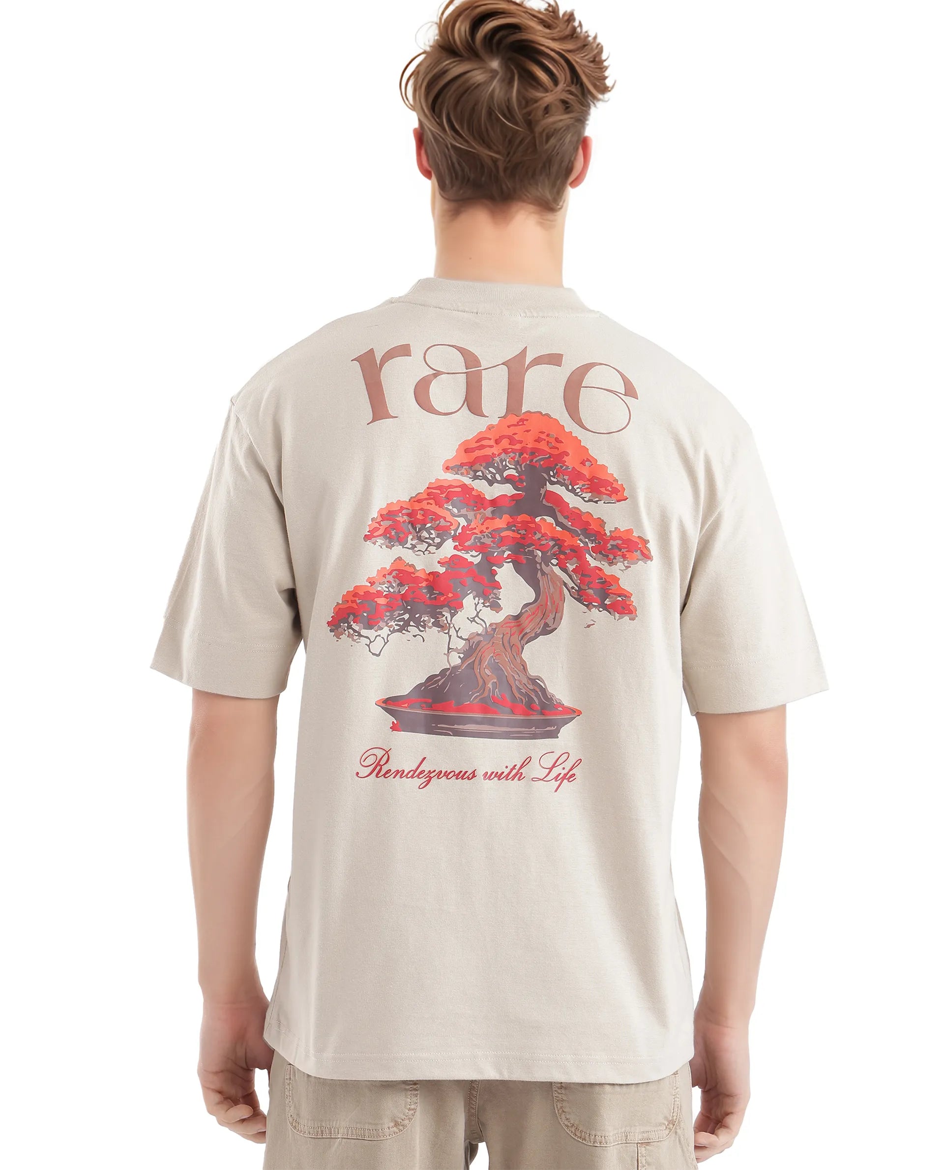 Rare Rabbit Men Bonz-2 Beige Knitted Short Sleeve Crew Neck Boxy Fit Printed T-Shirt