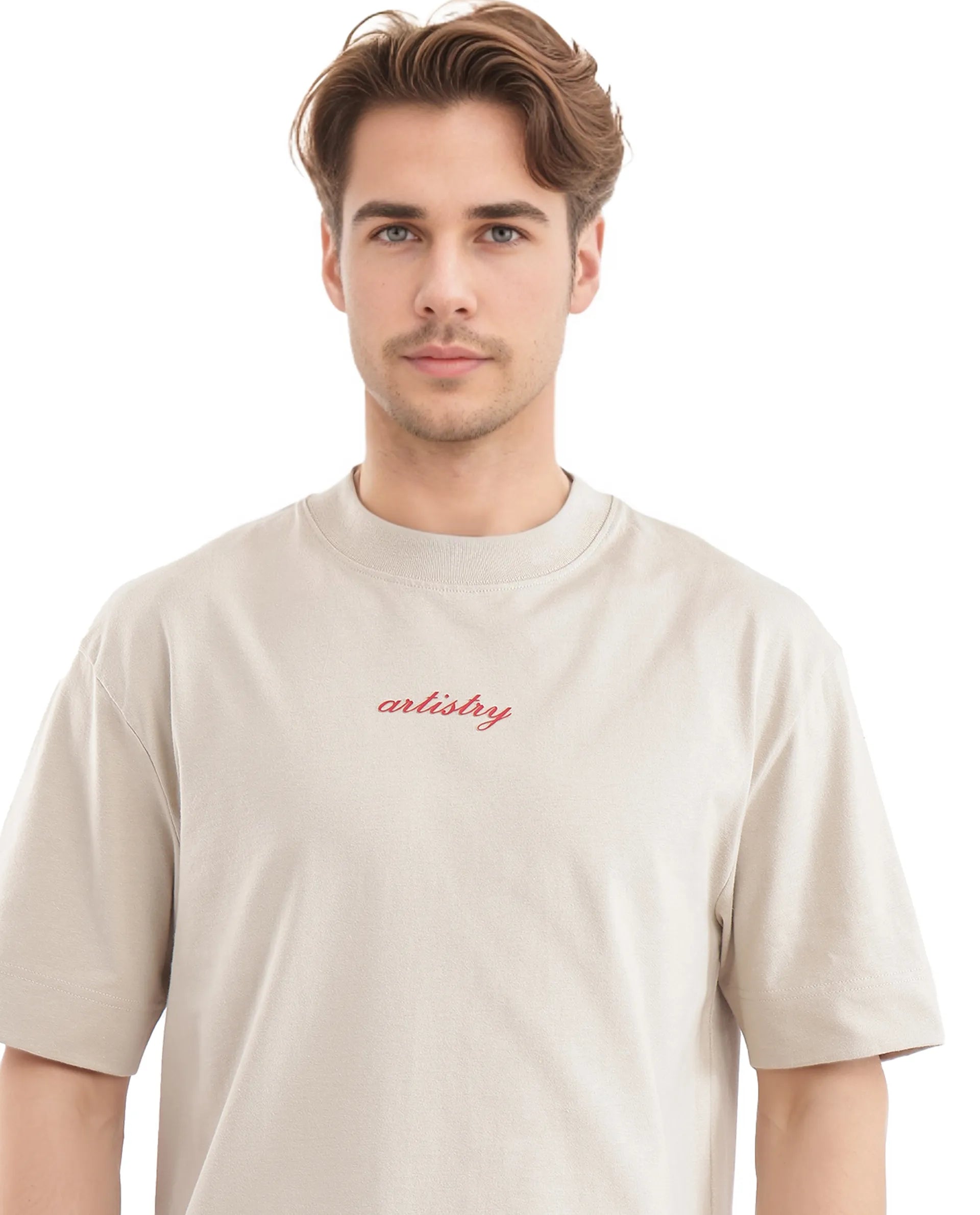 Rare Rabbit Men Bonz-2 Beige Knitted Short Sleeve Crew Neck Boxy Fit Printed T-Shirt