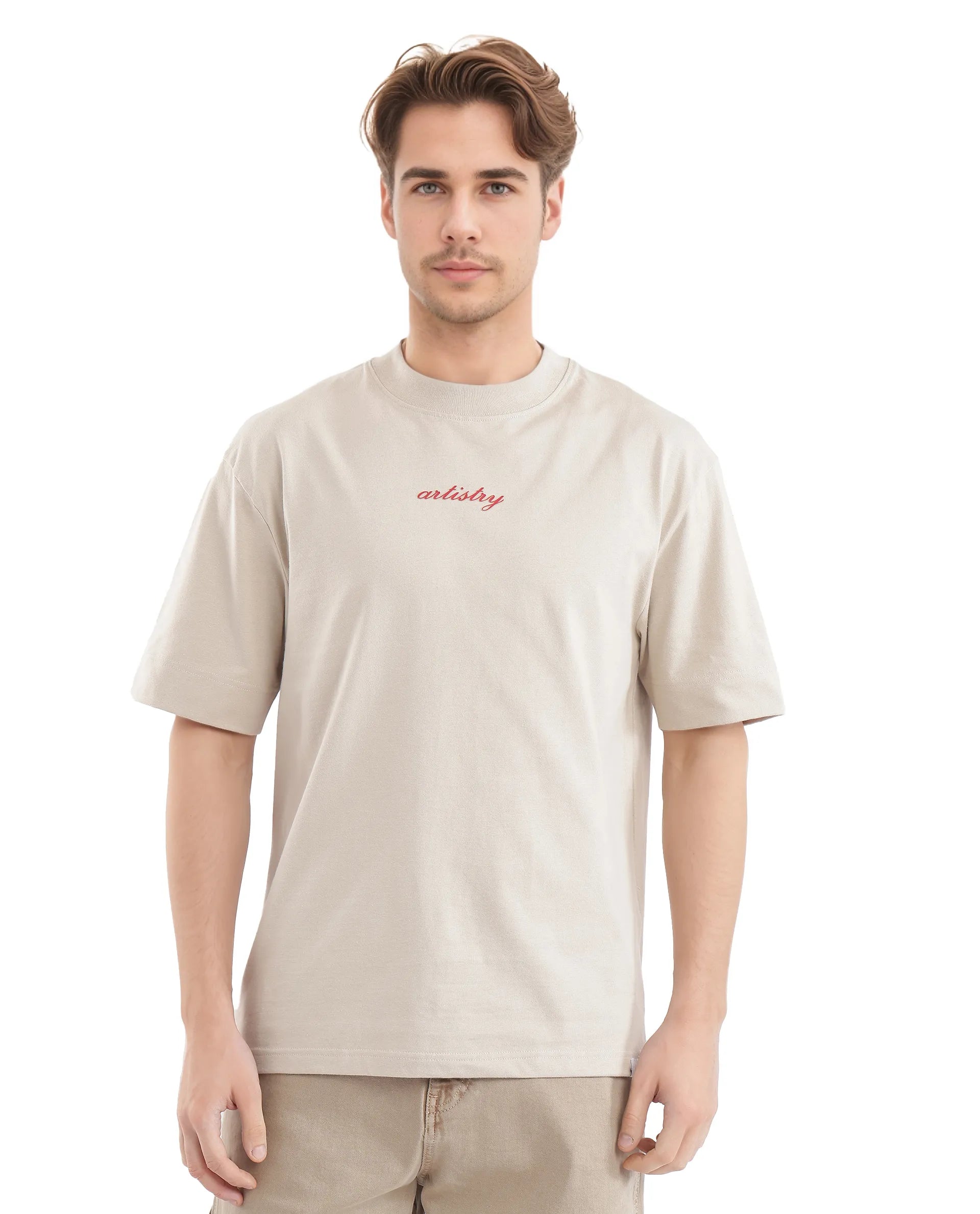 Rare Rabbit Men Bonz-2 Beige Knitted Short Sleeve Crew Neck Boxy Fit Printed T-Shirt