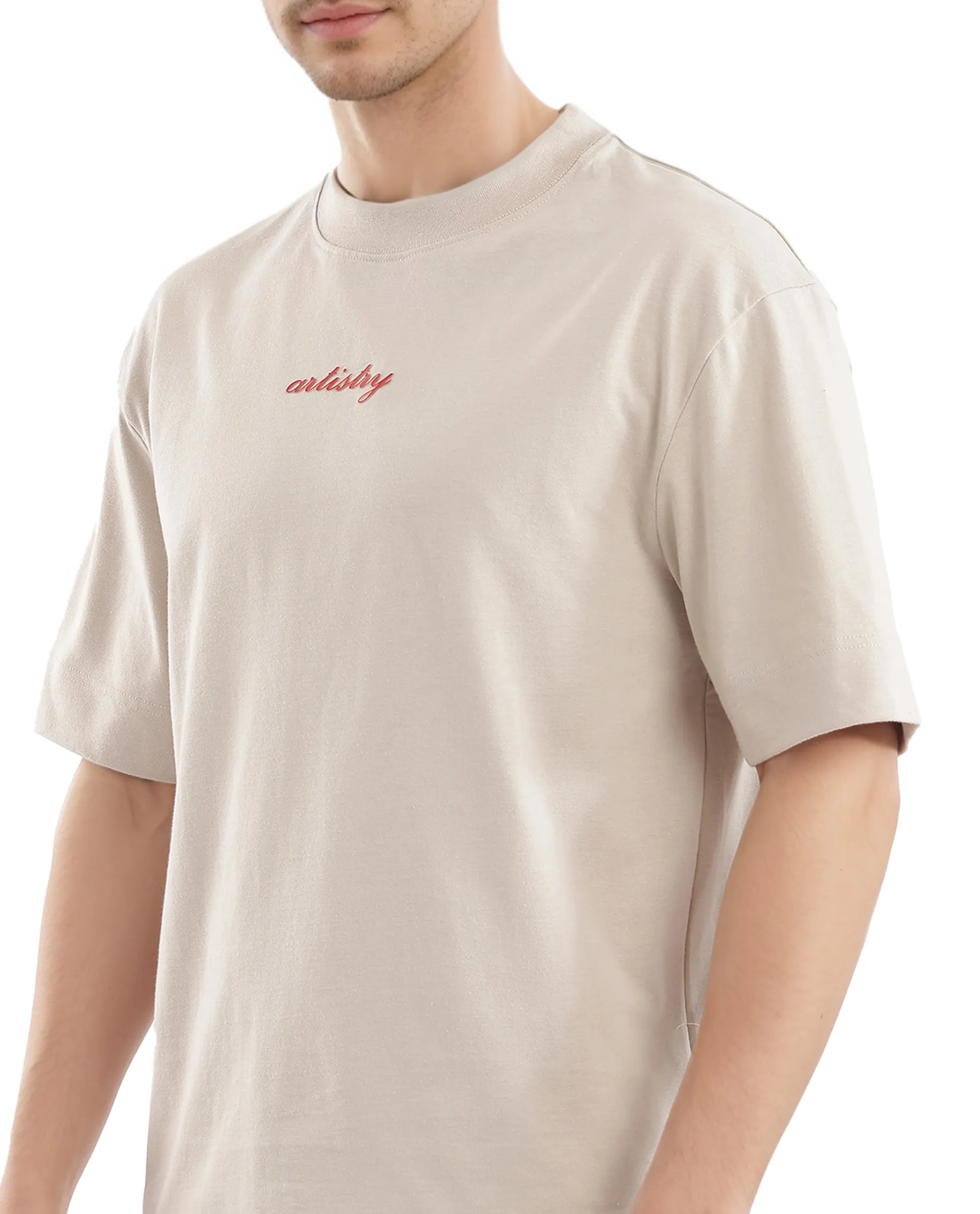 Rare Rabbit Men Bonz-2 Beige Knitted Short Sleeve Crew Neck Boxy Fit Printed T-Shirt