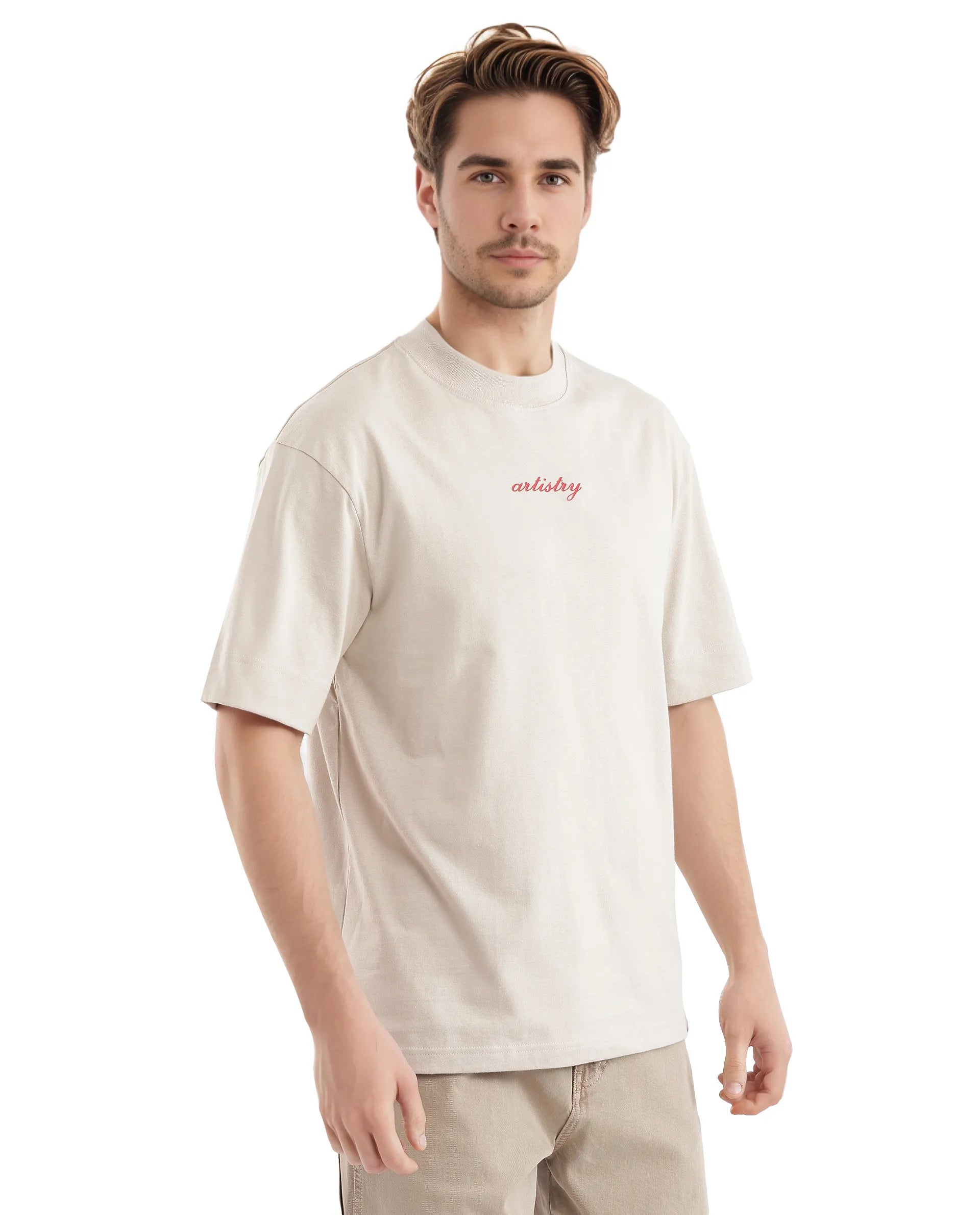 Rare Rabbit Men Bonz-2 Beige Knitted Short Sleeve Crew Neck Boxy Fit Printed T-Shirt