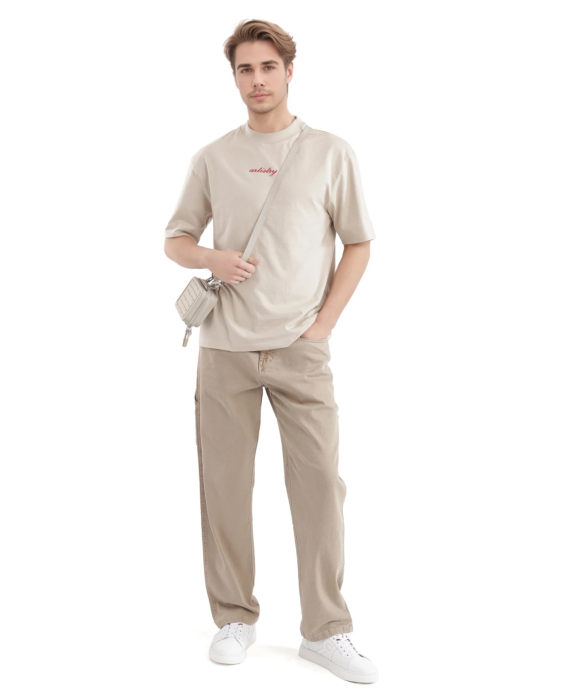 Rare Rabbit Men Bonz-2 Beige Knitted Short Sleeve Crew Neck Boxy Fit Printed T-Shirt