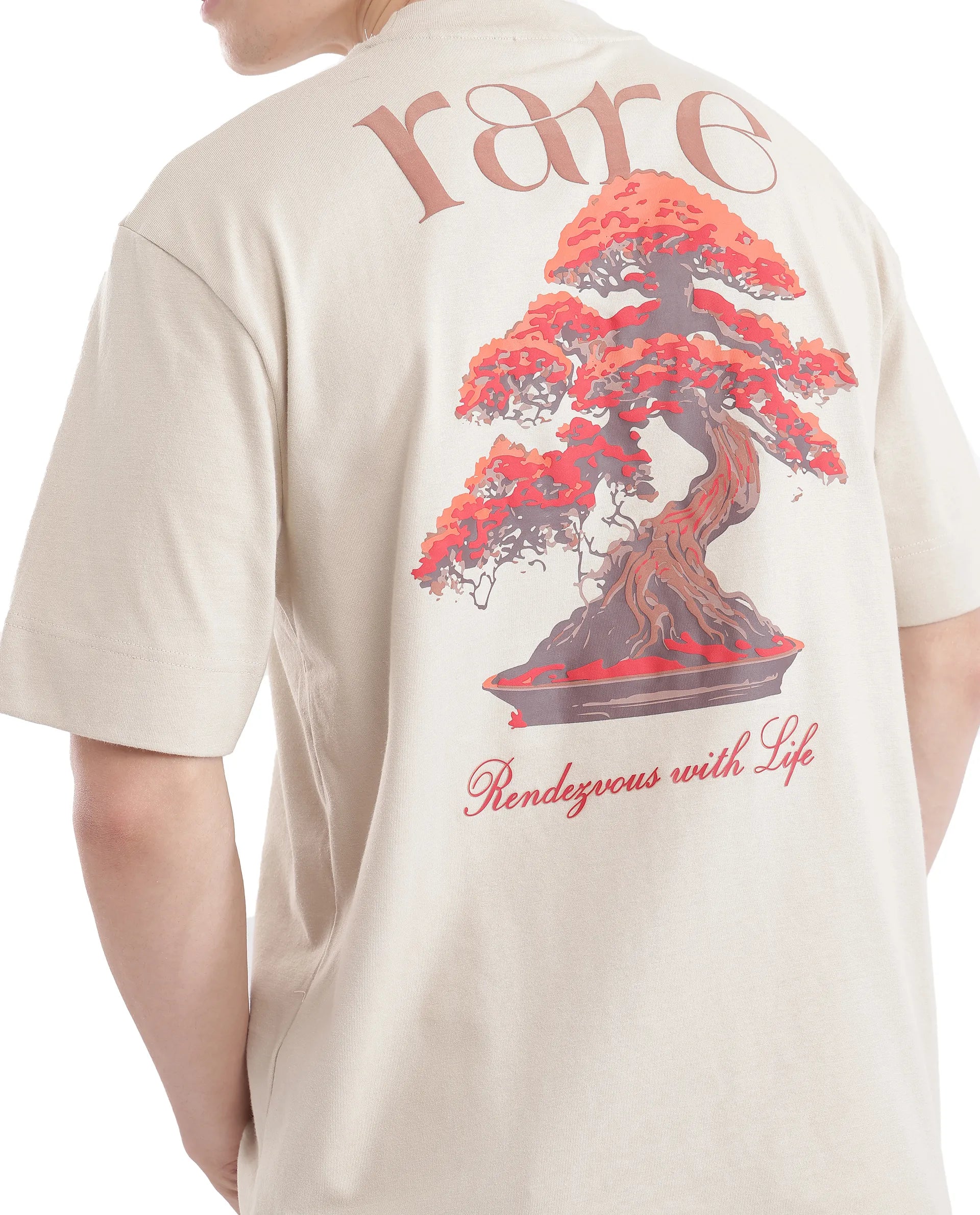 Rare Rabbit Men Bonz-2 Beige Knitted Short Sleeve Crew Neck Boxy Fit Printed T-Shirt