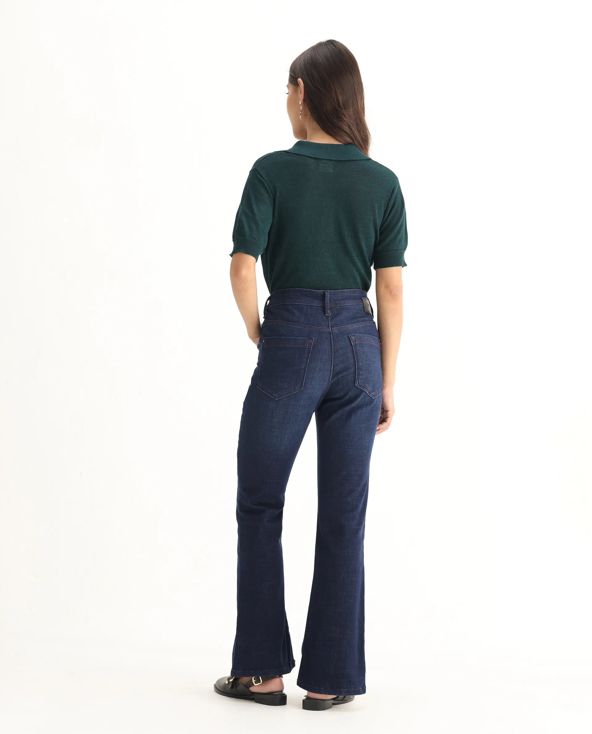 Rareism Women's Booter Blue Cotton Blend Plain Ankle Length CLASSIC BOOTCUT Jeans
