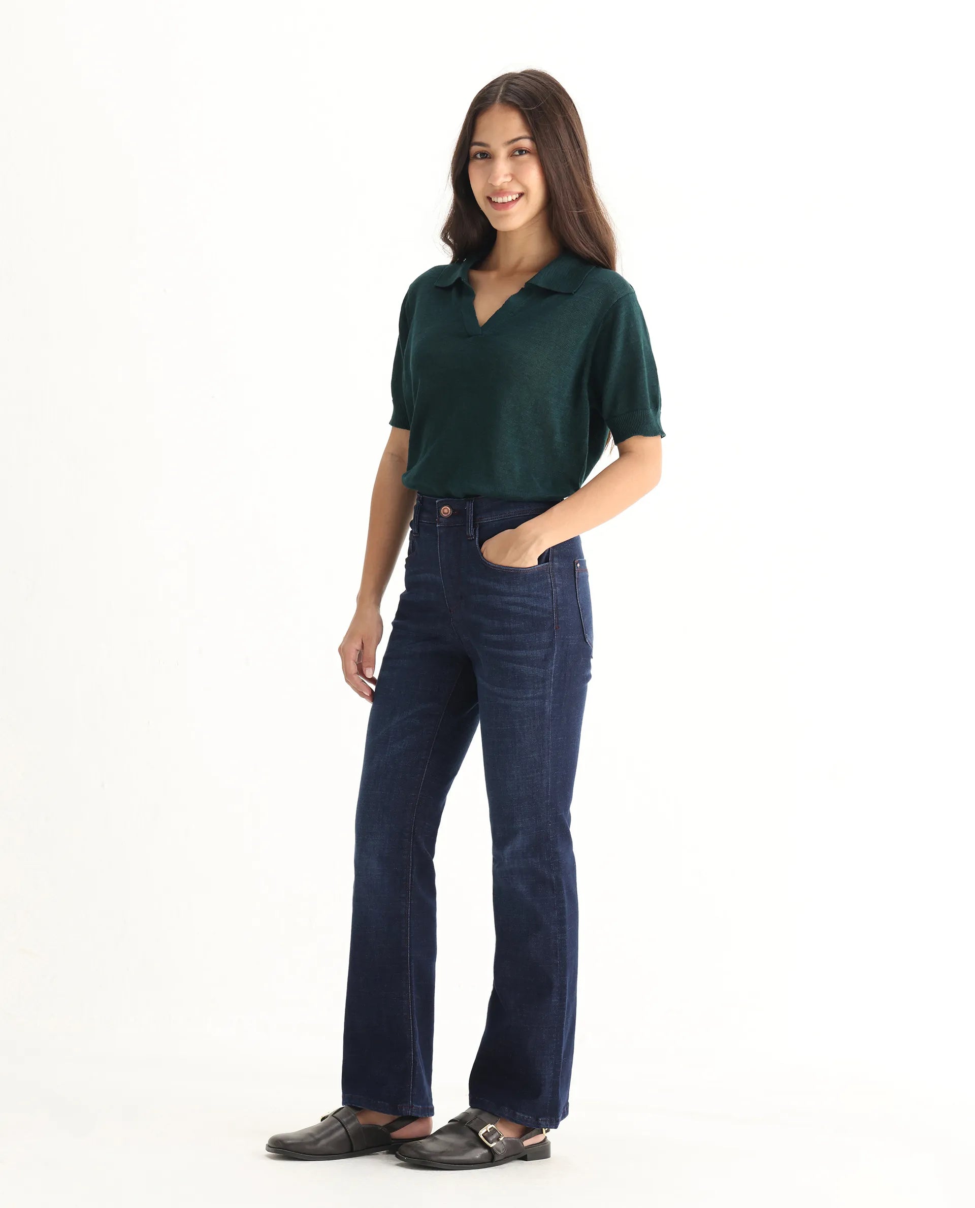 Rareism Women's Booter Blue Cotton Blend Plain Ankle Length CLASSIC BOOTCUT Jeans