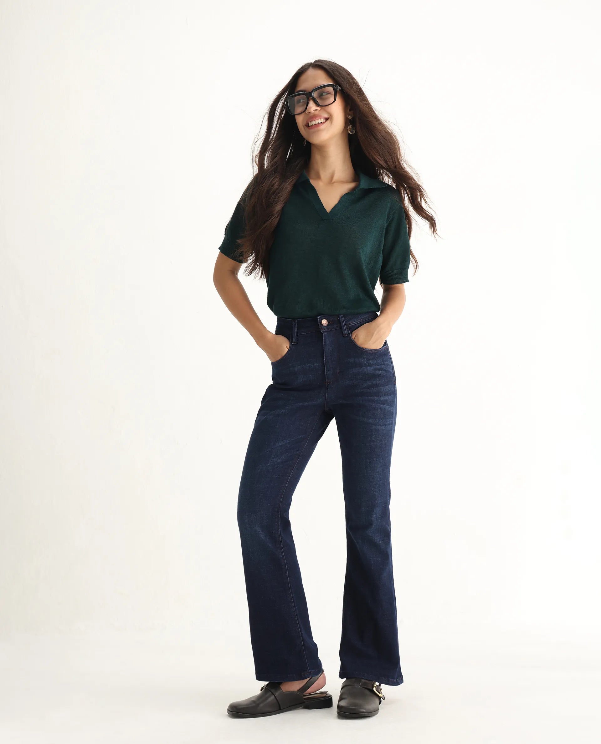 Rareism Women's Booter Blue Cotton Blend Plain Ankle Length CLASSIC BOOTCUT Jeans