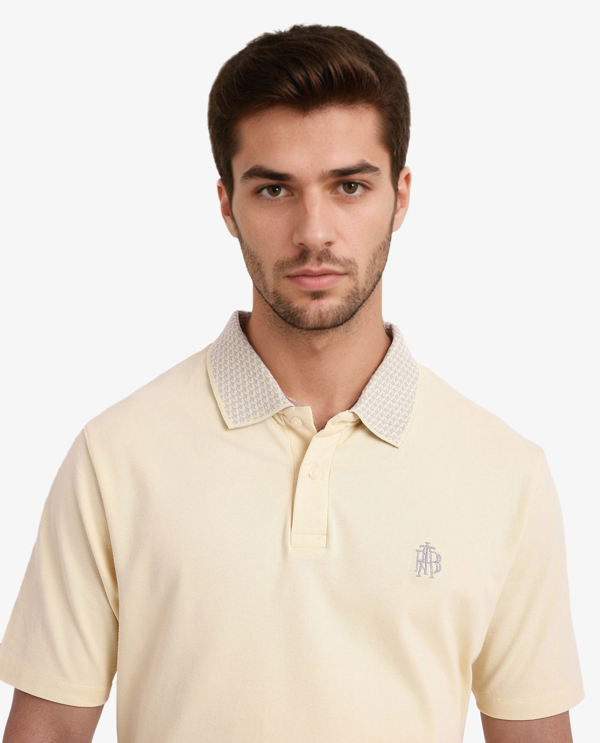 Rare Rabbit Men's Booth Yellow Short Sleeve Textured Collar Embroidered Logo Plain Polo T-Shirt