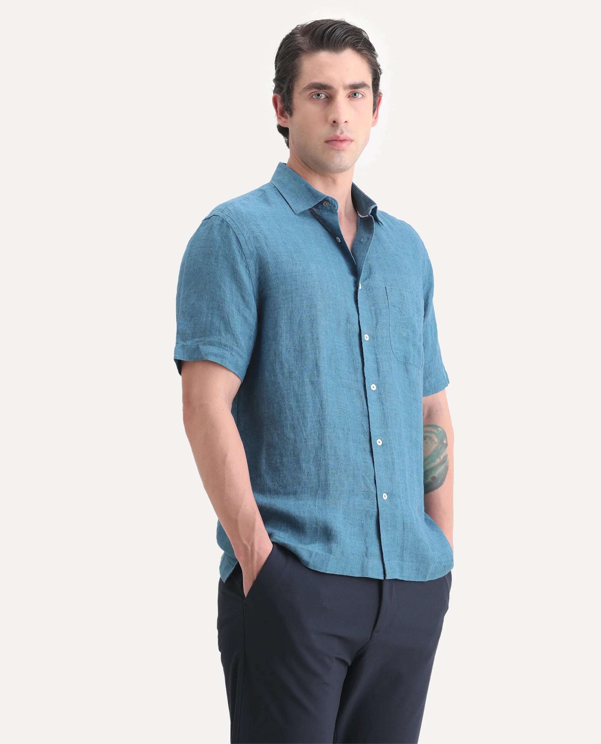 Rare Rabbit Men's Borium Ss-25 Dark Blue Linen Plain Regular Fit Half Sleeve Collared Shirt