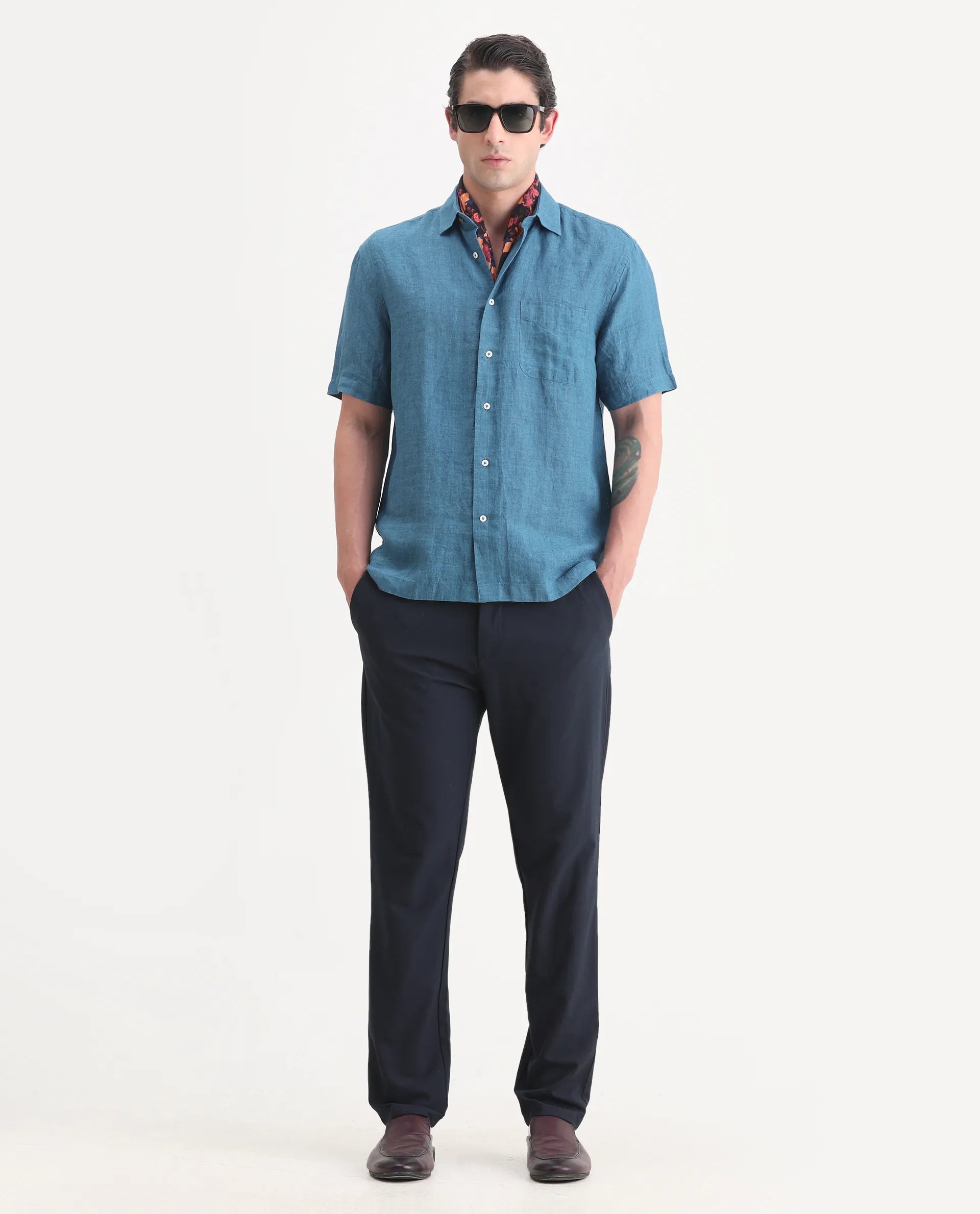 Rare Rabbit Men's Borium Ss-25 Dark Blue Linen Plain Regular Fit Half Sleeve Collared Shirt