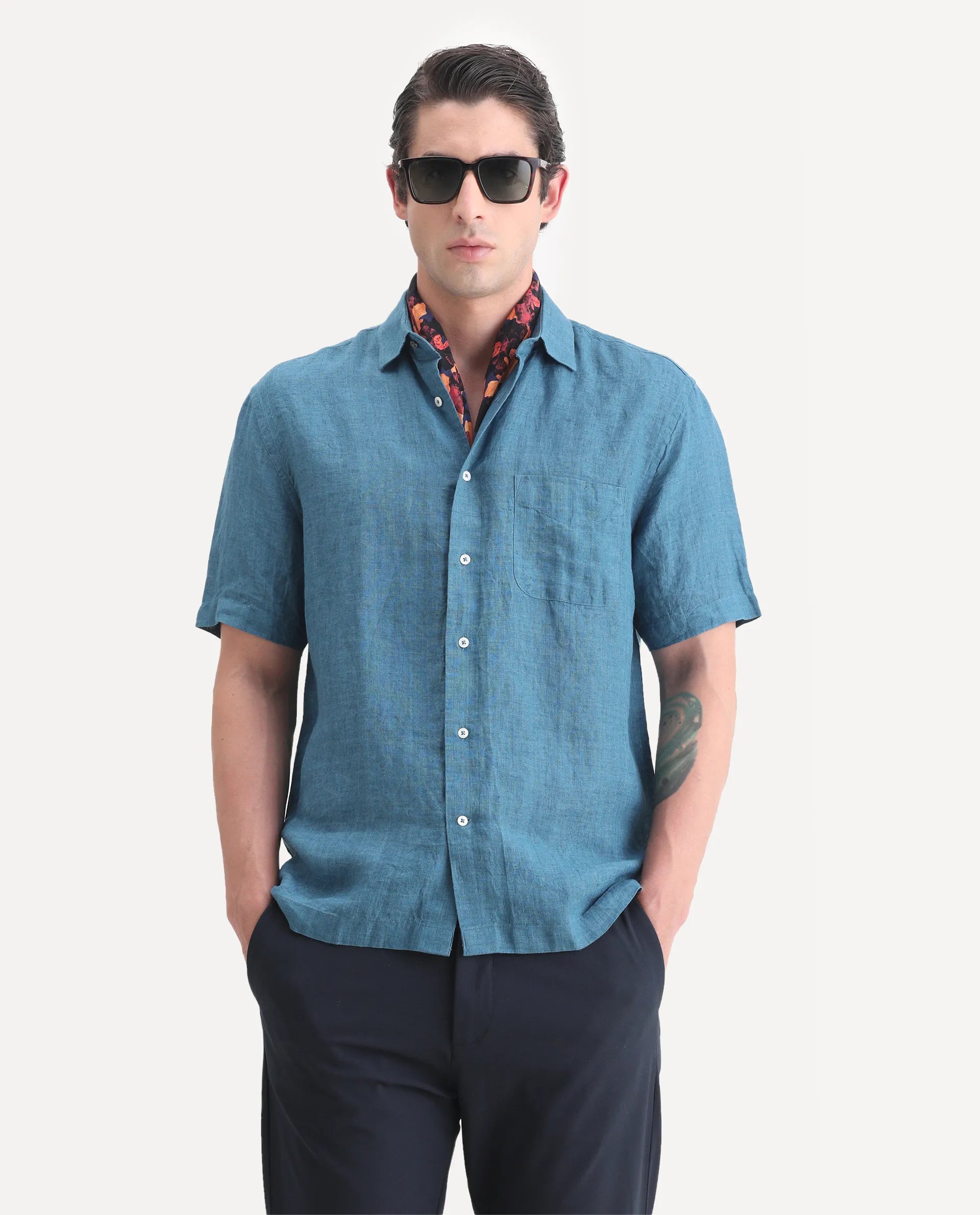 Rare Rabbit Men's Borium Ss-25 Dark Blue Linen Plain Regular Fit Half Sleeve Collared Shirt