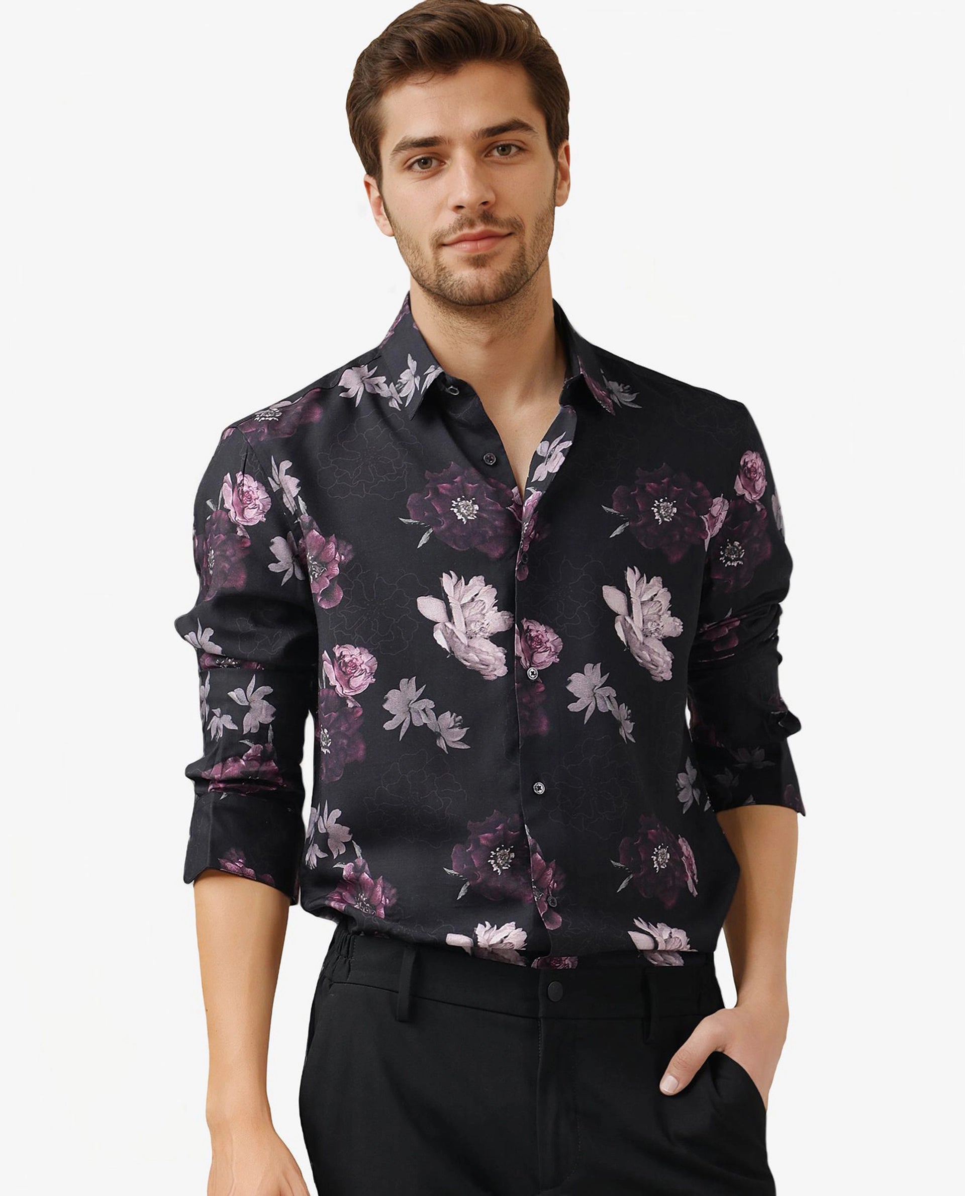 Rare Rabbit Men's Boro Purple Viscose Fabric Floral Print Full Sleeves Shirt