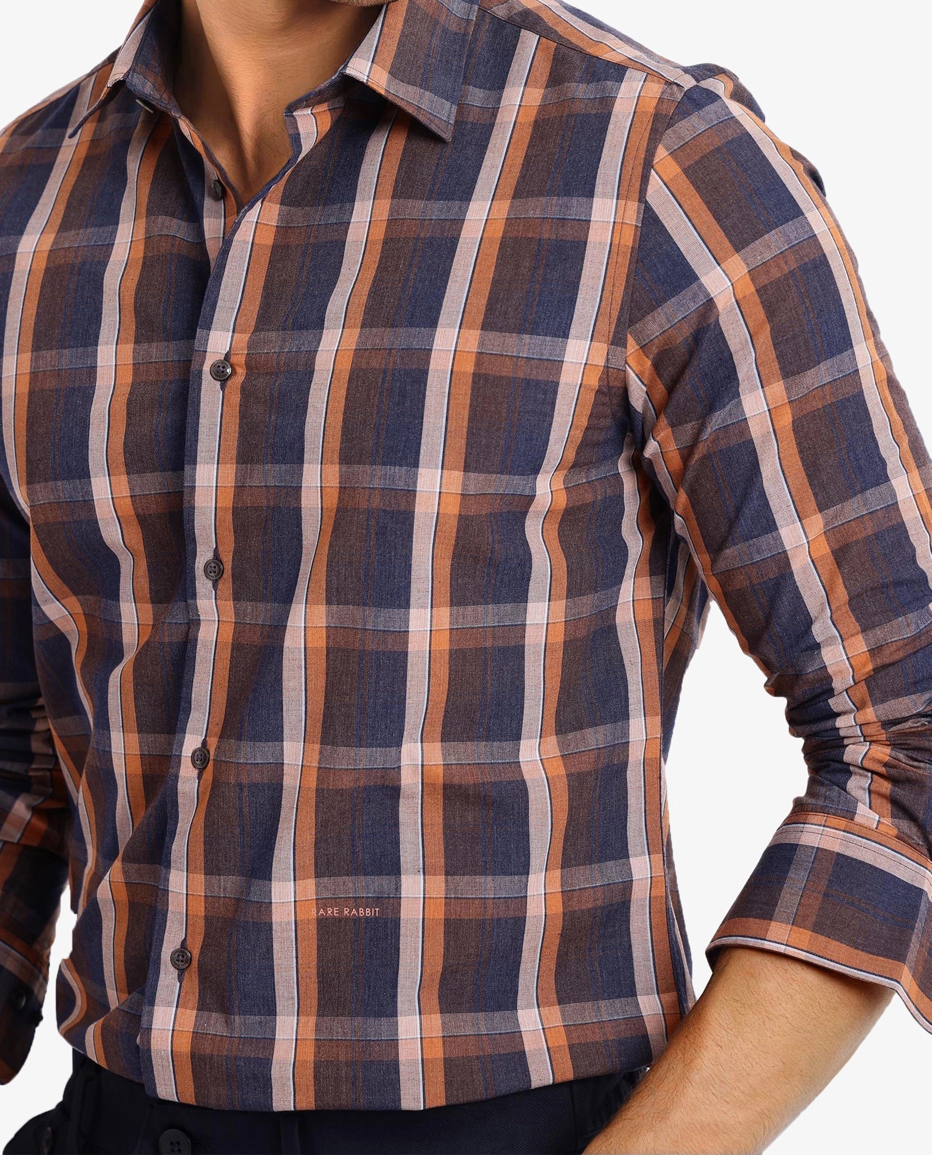 Rare Rabbit Men Bou Navy Cotton Polyester Fabric Full Sleeve Collared Neck Button Closure Regular Fit Checks Shirt