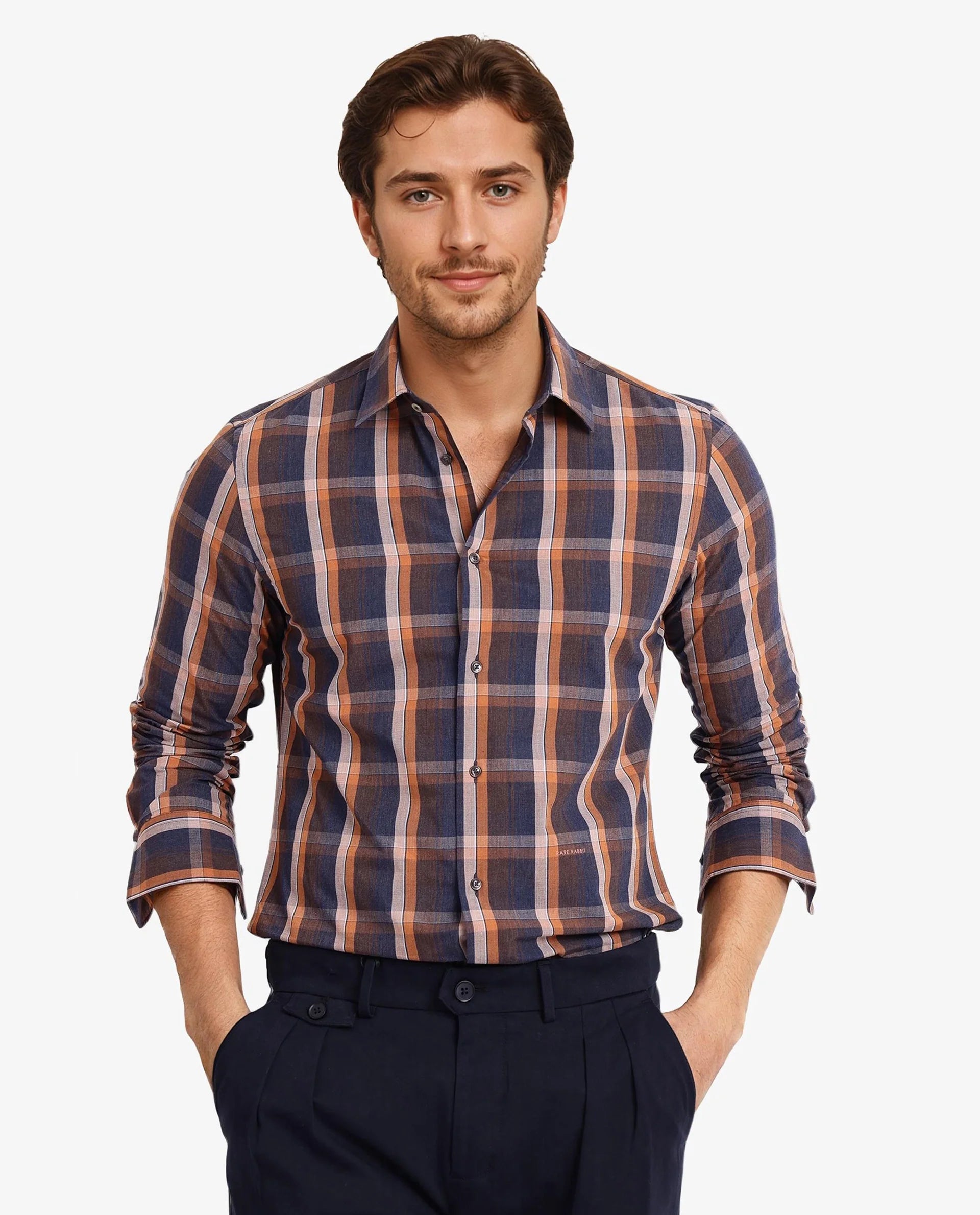 Rare Rabbit Men Bou Navy Cotton Polyester Fabric Full Sleeve Collared Neck Button Closure Regular Fit Checks Shirt