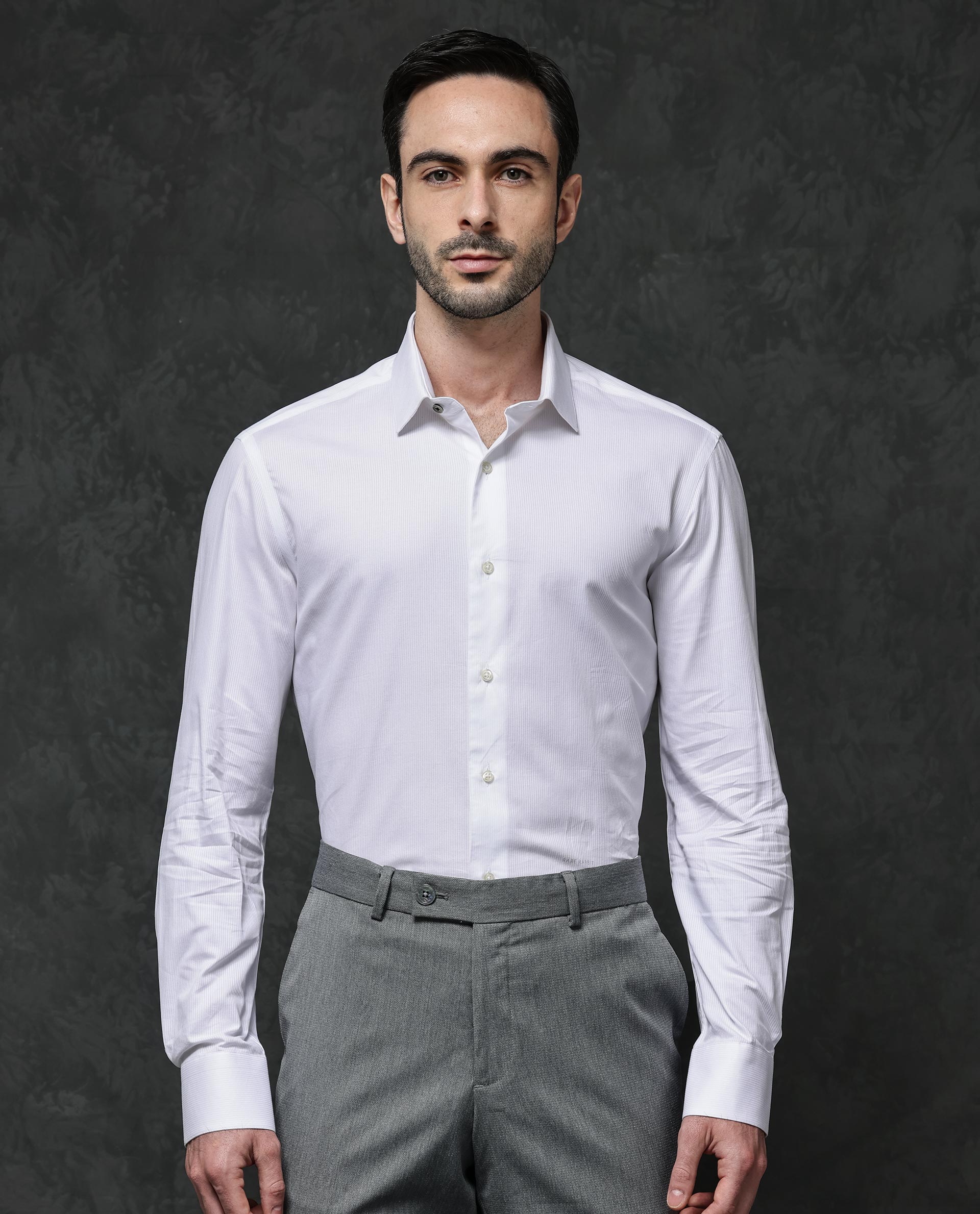 Rare Rabbit Mens Bovec White Full Sleeve Dobby Texture Regular Collar Solid Shirt