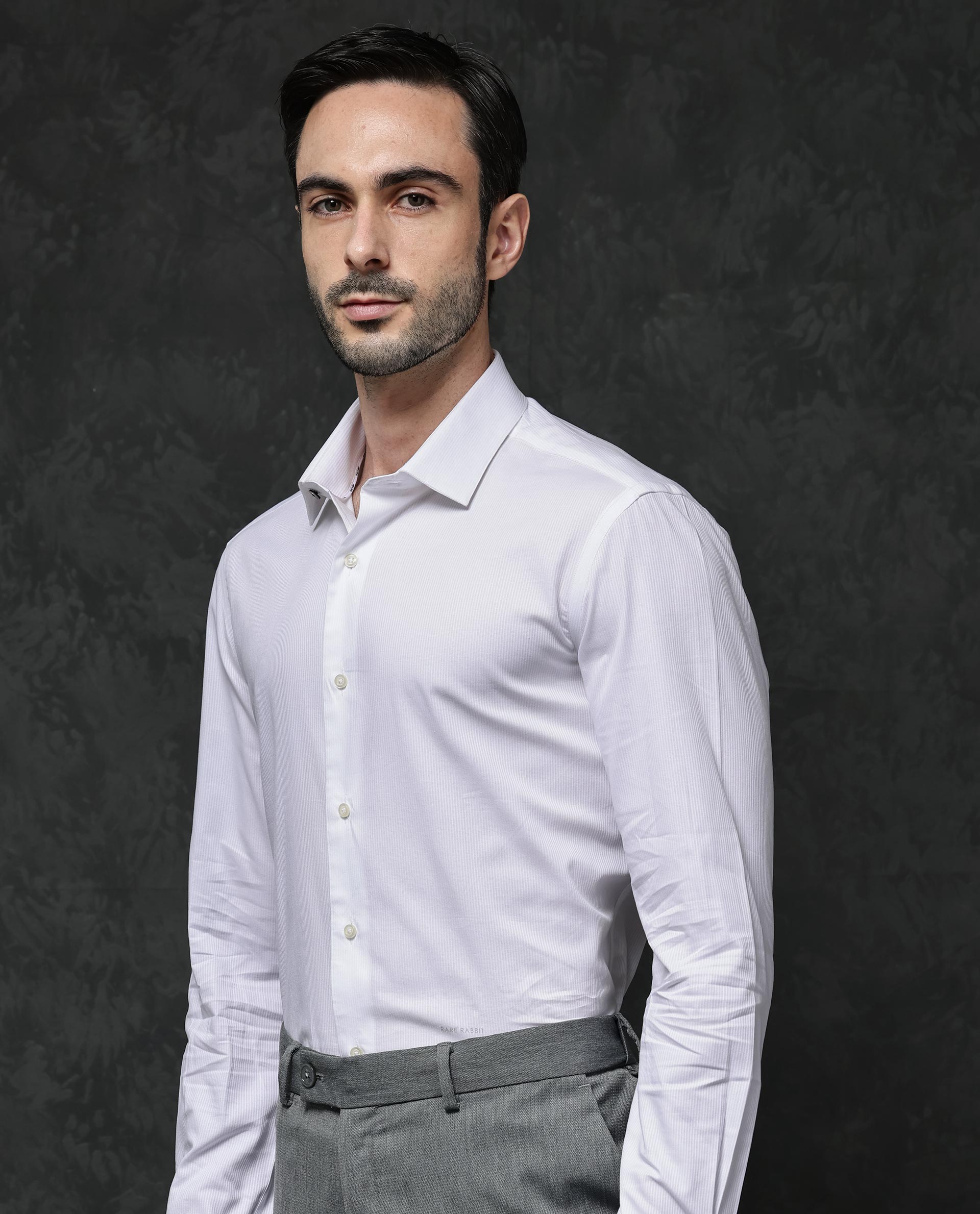 Rare Rabbit Mens Bovec White Full Sleeve Dobby Texture Regular Collar Solid Shirt