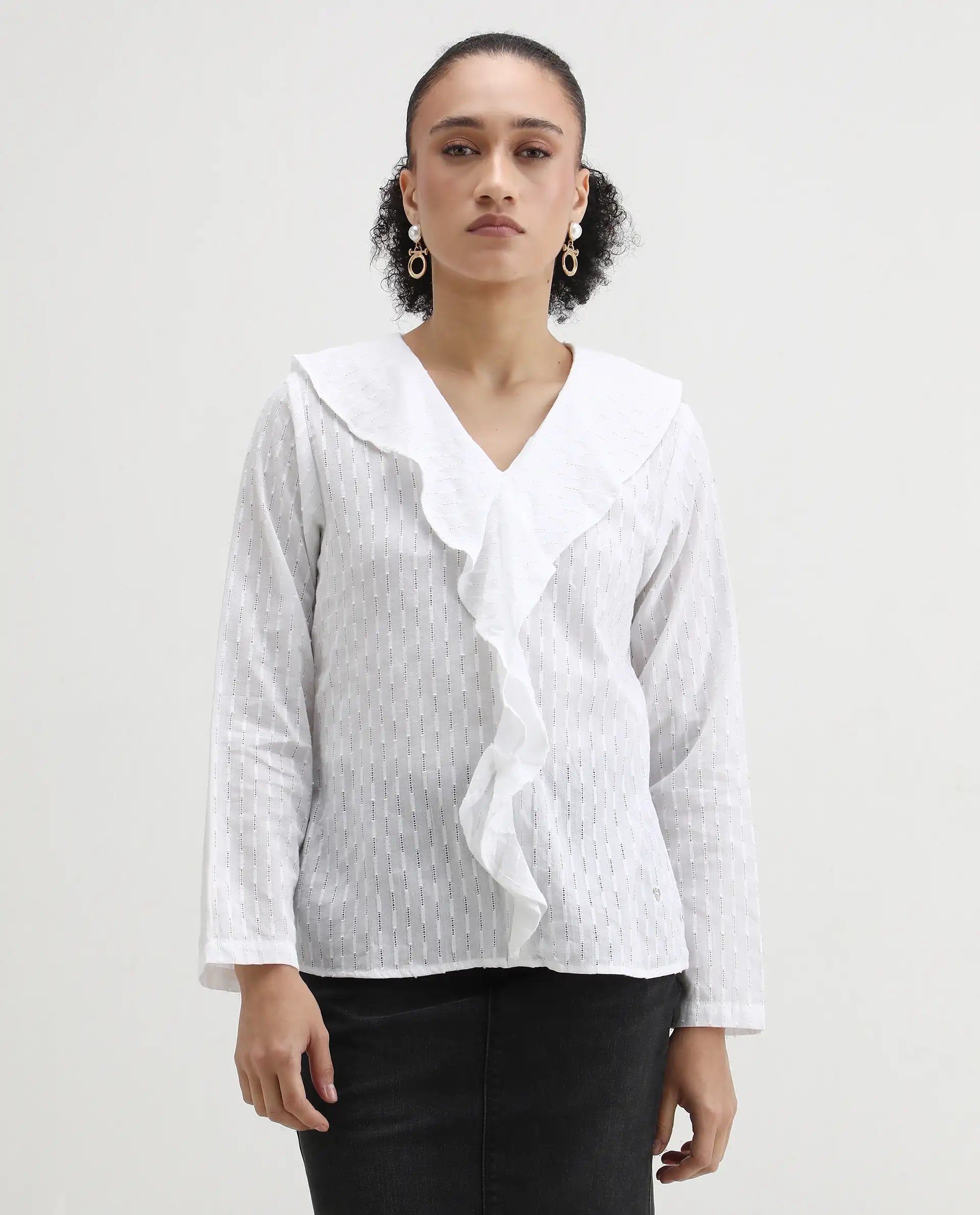 Rareism Women's Bowez White Cotton Ruffled Neck Plain Regular Fit Top