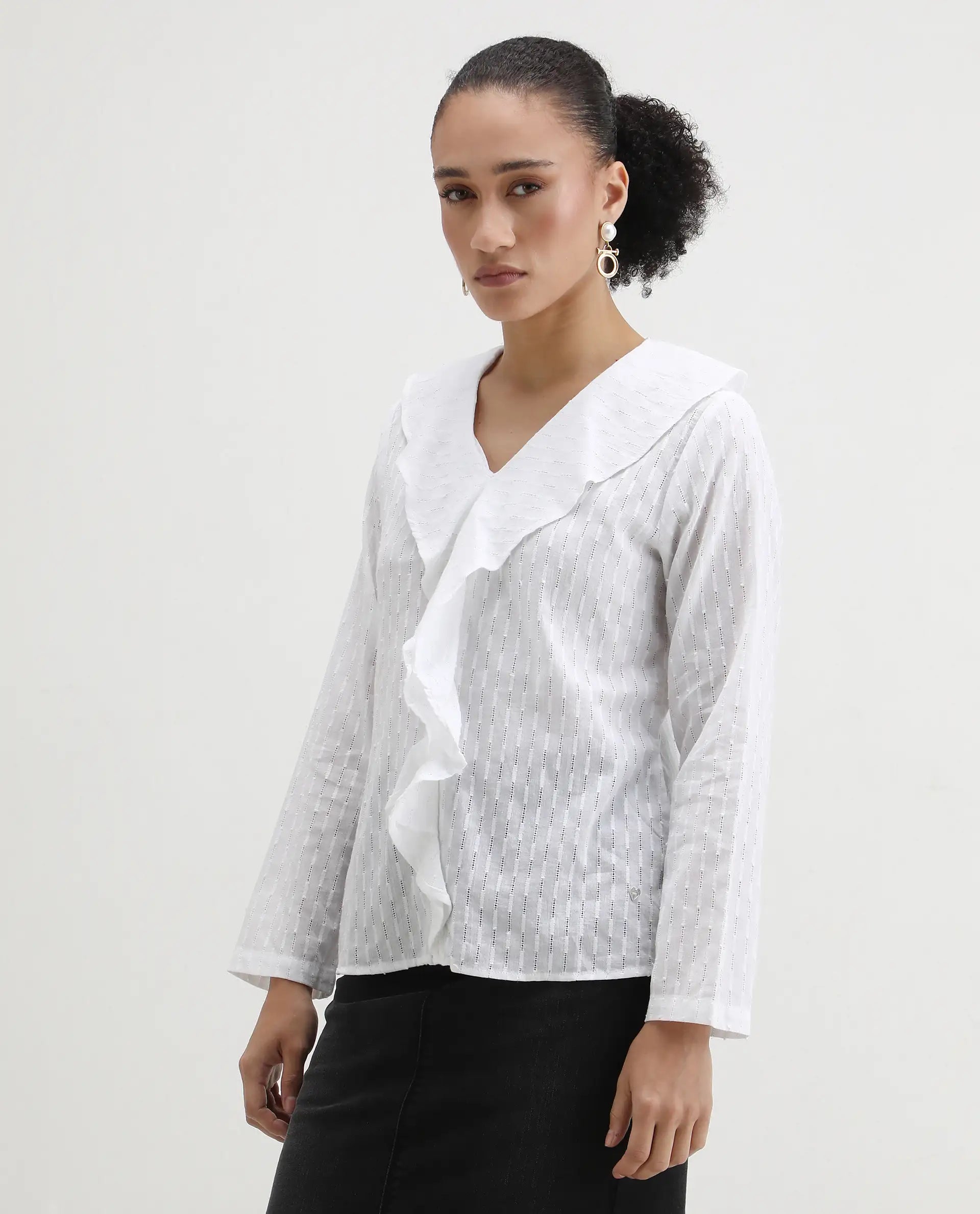 Rareism Women's Bowez White Cotton Ruffled Neck Plain Regular Fit Top