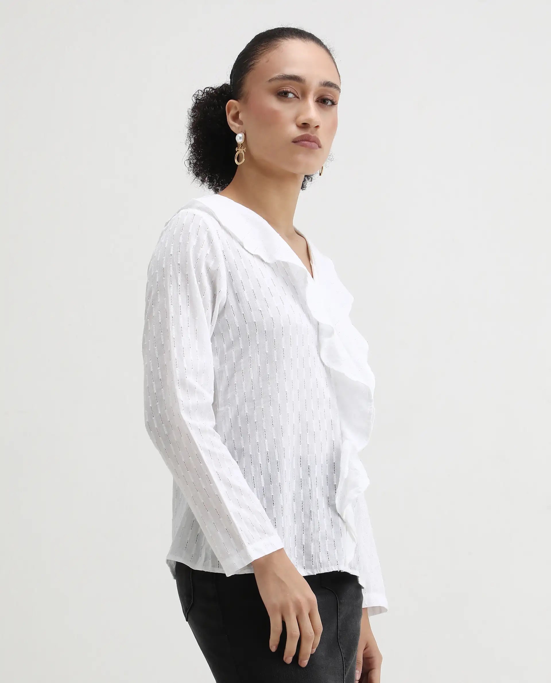 Rareism Women's Bowez White Cotton Ruffled Neck Plain Regular Fit Top